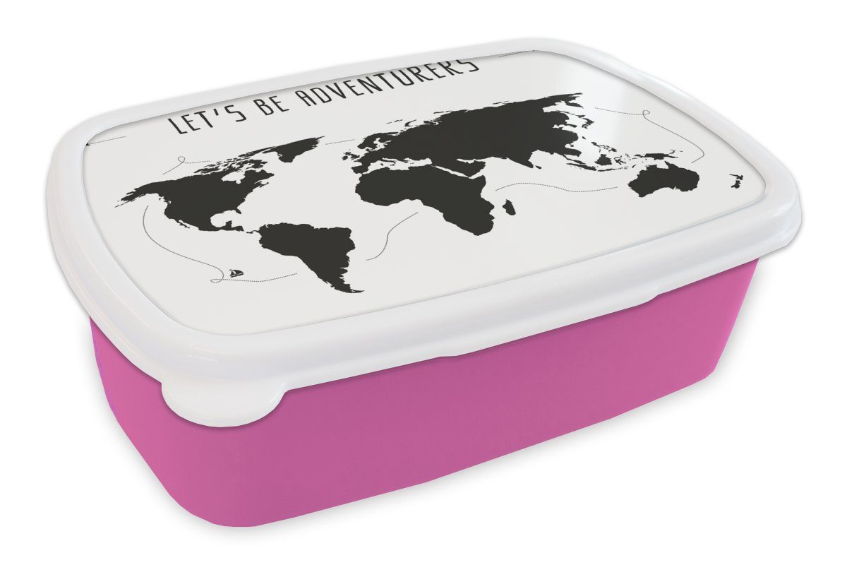 - (2-tlg), Mädchen, Schwarz - - Kunststoff, Brotbox Brotdose Zitat Lunchbox Erwachsene, Weltkarte - Kinder, MuchoWow rosa Weiß für Snackbox, - Kunststoff Kind Mädchen,