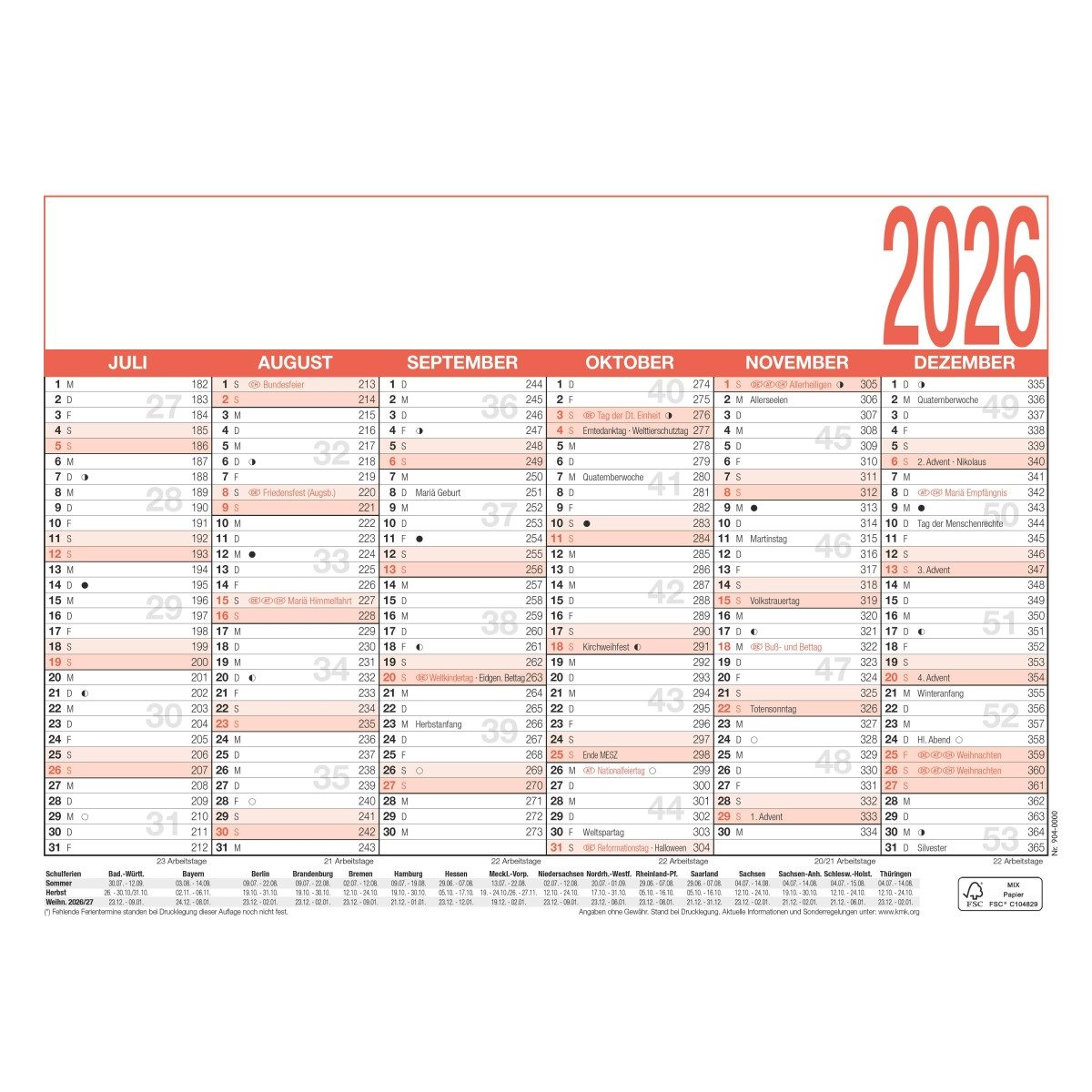 ZETTLER Terminplaner Arbeitstagekalender 904 A5 21x14,8cm 2026