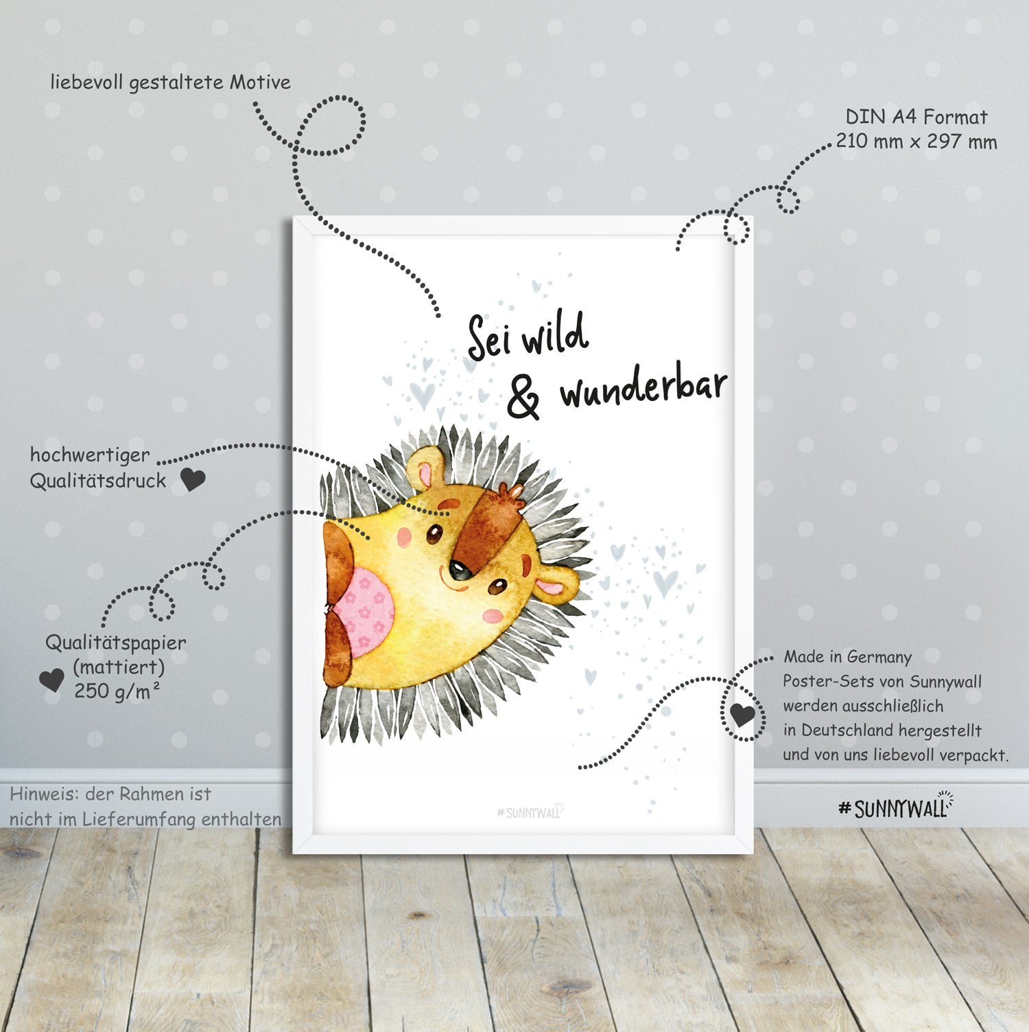 Sunnywall Poster Poster Kinderzimmer Igel Waschbär Elch Waldtiere mit Spruch (4er Set), Igel, Waschbär, Eichhörnchen & Elch (Waldtiere) (Set), ungerahmt