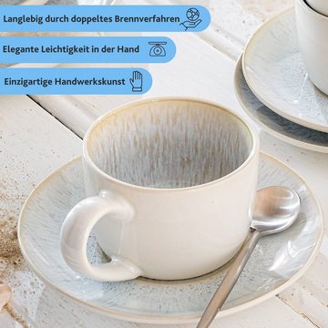 SÄNGER Kaffeeservice Santorini Kaffeetassen Set (8-tlg), 4 Personen, Steingut, Cremefarben mit Flieder Blauem Verlauf, Handmade