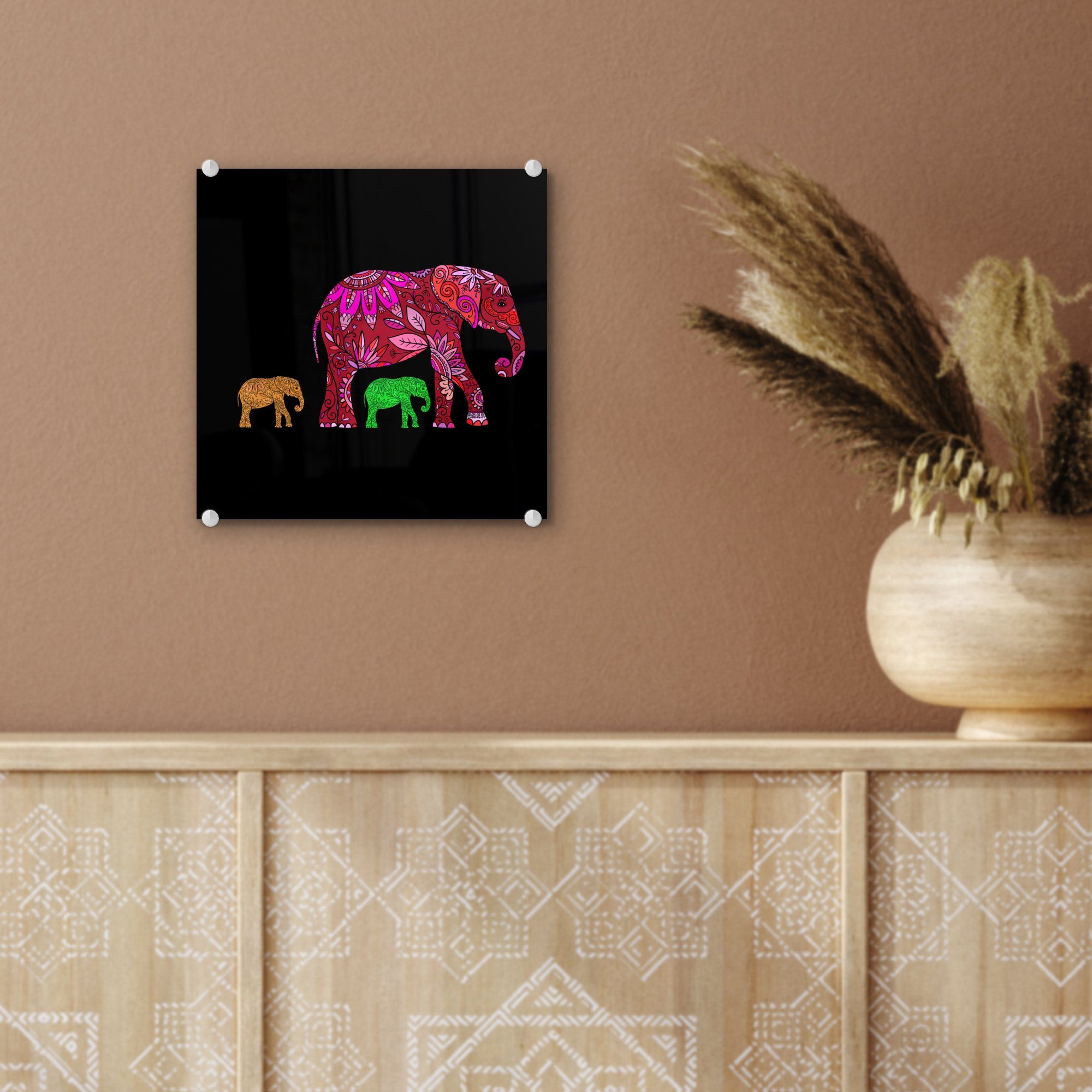 MuchoWow Acrylglasbild Elefant - Muster - Wanddekoration Wandbild - Blumen St), Pflanzen, Bilder Glasbilder Foto - auf auf - - Glas (1 Glas