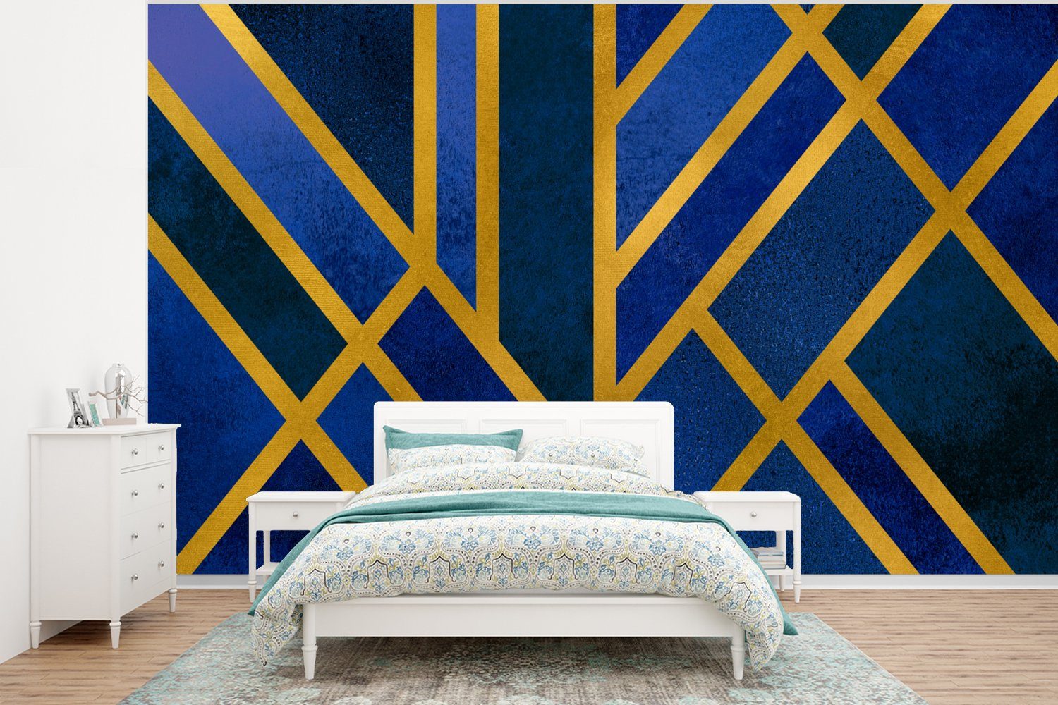 MuchoWow Fototapete Gold - Blau - Muster - Luxus, Matt, bedruckt, (6 St), Wallpaper für Wohnzimmer, Schlafzimmer, Kinderzimmer, Vinyl Tapete