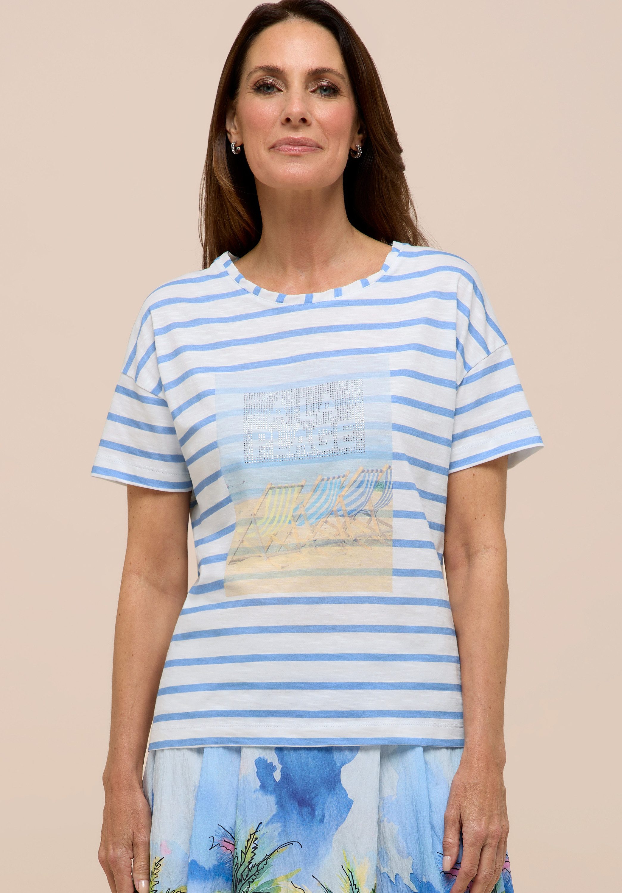 bianca Print-Shirt DINIA im Ringel-Look mit Frontmotiv und Metallic-Effekt