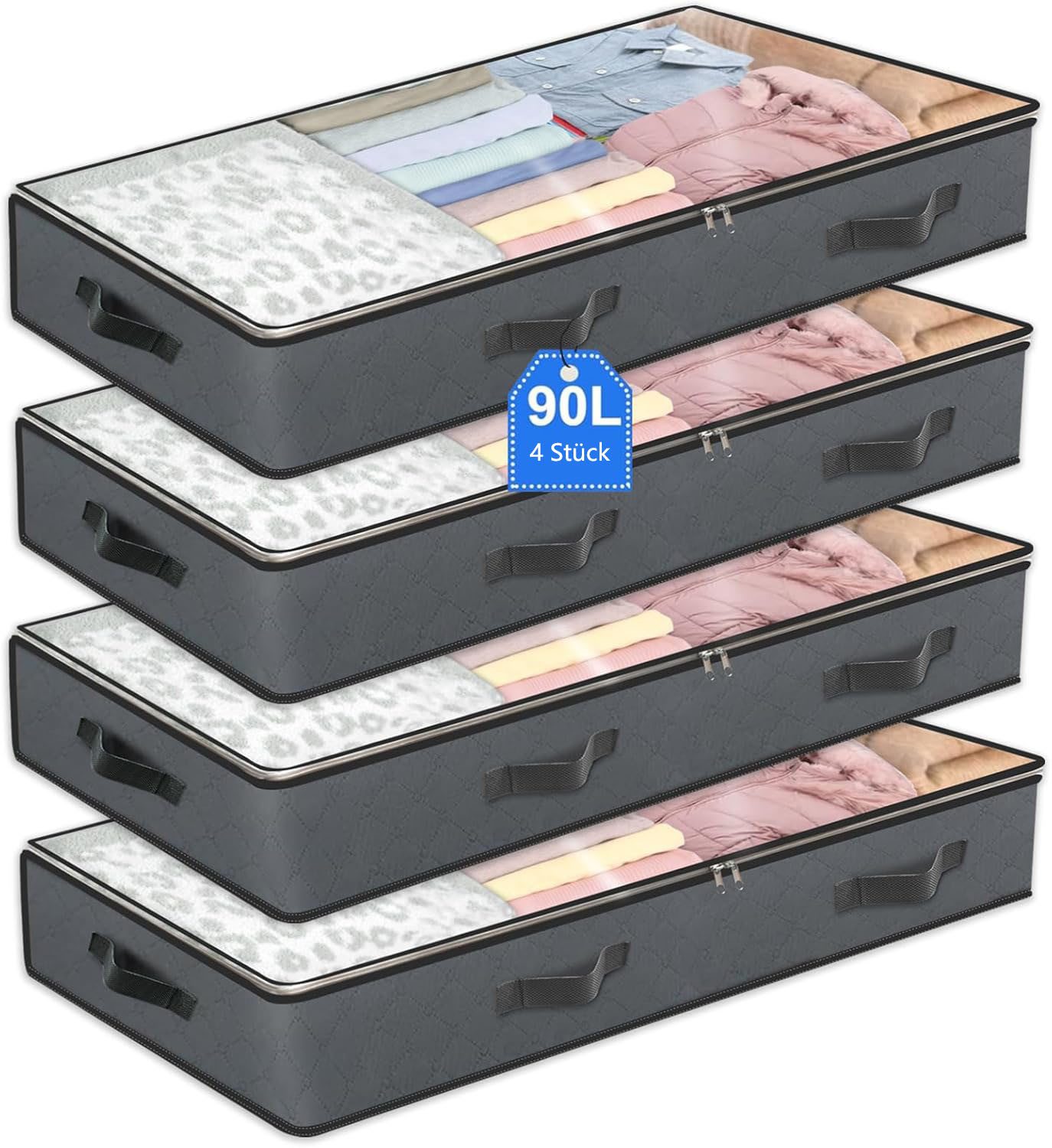 Refined Living Unterbettkommode 90L Aufbewahrungstaschen für unter dem Bett,4er Set,Aufbewahrungsbox (faltbare Organizer und Aufbewahrungsboxen, Schrankorganizer und Aufbewahrungsbehälter, Organisatoren mit Transparentes PVC-Fenster, Robuste Reißverschlüs