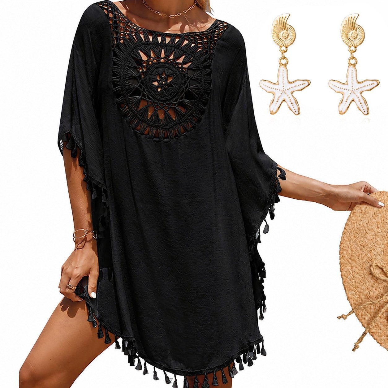 MOPUEA Strandkleid Damen Bikini Cover Up Strand-Tunika mit Fransen Strandbekleidung (mit Boho-Ohrringen, 1-tlg., Filigrane Häkelspitze umrahmt den tiefen V-Ausschnitt) Einheitsgröße mit Wohlfühlgarantie