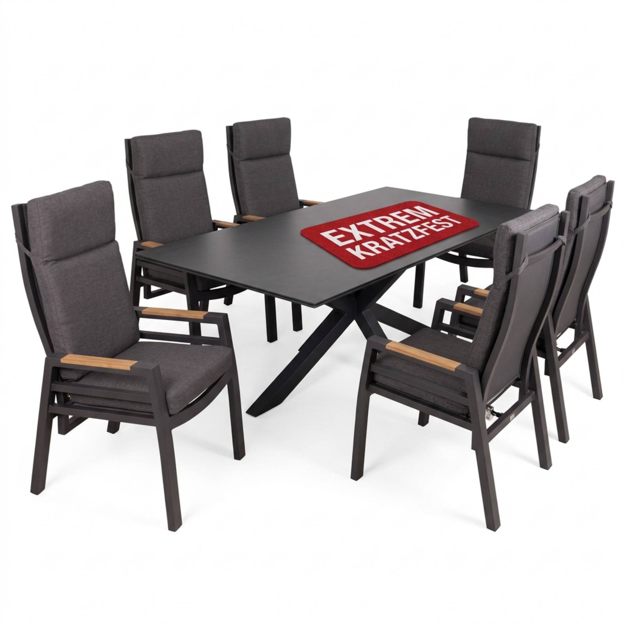 MR.DEKO Garten-Essgruppe Malaga Keramik Tisch 200x90cm & 6 Relaxsessel Sevilla (verstellbar), (7-teilige XL-Essgruppe: 1x Tisch & 6x Relaxsessel, 7-tlg), Wetterfestes Alu-Set, verstellbare Rückenlehne & Teak-Armlehnen