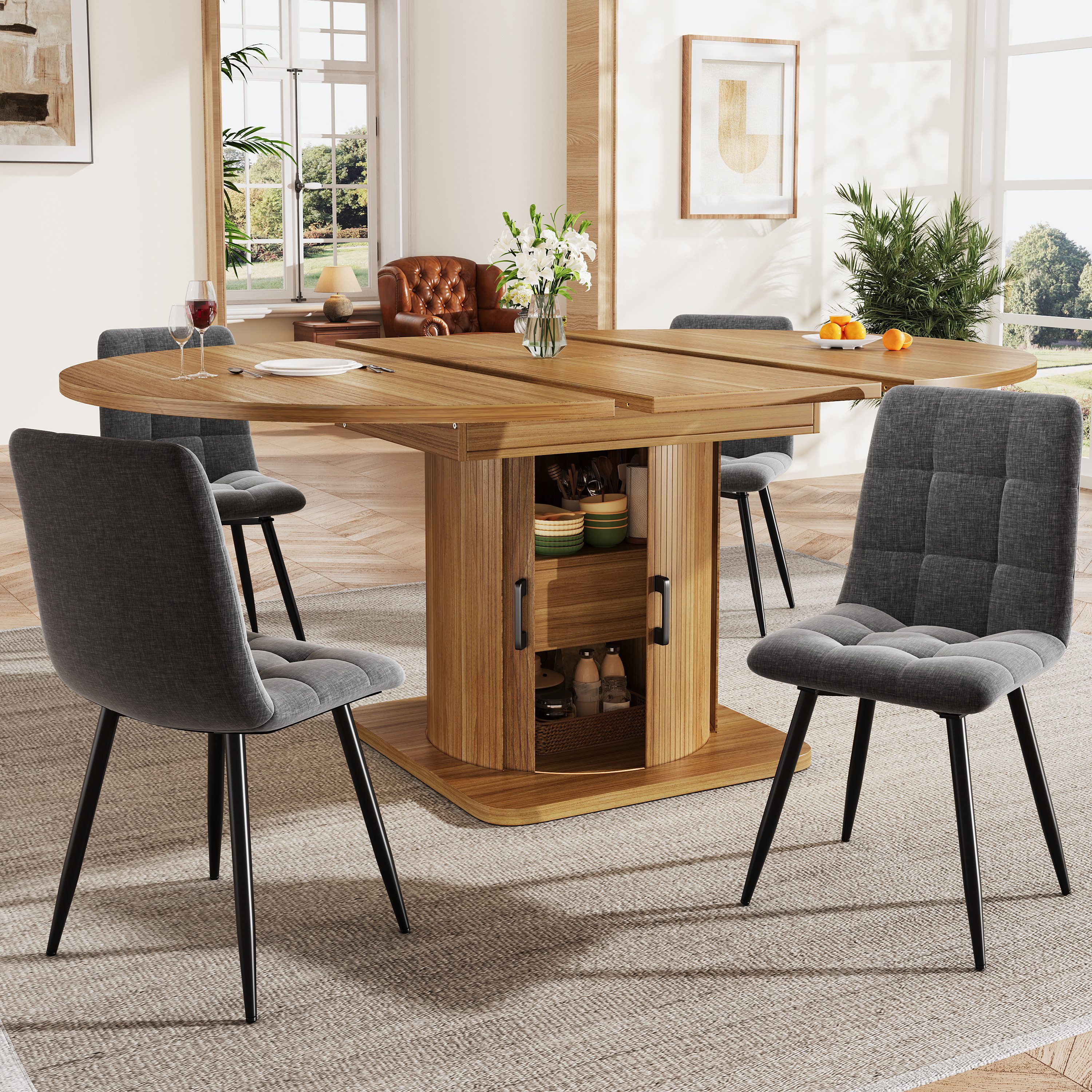 STILVORA Essgruppe Esstisch-Set mit 4 Stühlen Ausziehtisch-Set mit Schubladen, (Klapptisch, MDF-Tischplatte, mit Stauraum, modernes Design, klappbare Tischplatte, Metallgriff, stabile Tischbeine, platzsparend), für Küche, Wohnzimmer, Büro, kleine Räume