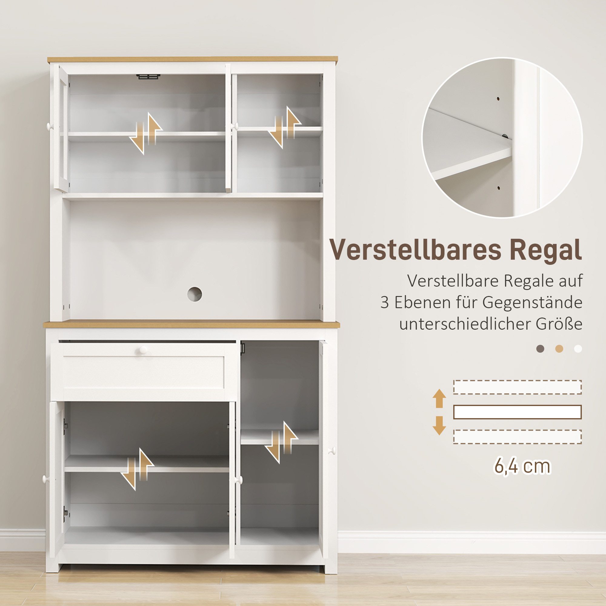 HOMCOM Küchenbuffet Küchenschrank mit Schublade, Mehrzweckschrank (Vitrinenschrank mit Anti-Kipp-Schutz, 1-St., für Wohnzimmer, Küche) Weiß, 100 x 40 x 180 cm