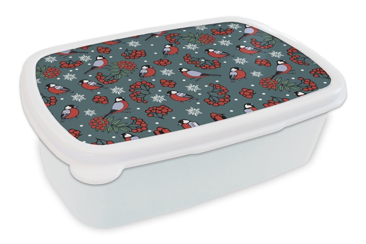 MuchoWow Lunchbox Vogel - Weihnachten - Schnee - Beere - Muster, Kunststoff, (2-tlg), Brotbox für Kinder und Erwachsene, Brotdose, für Jungs und Mädchen weiß