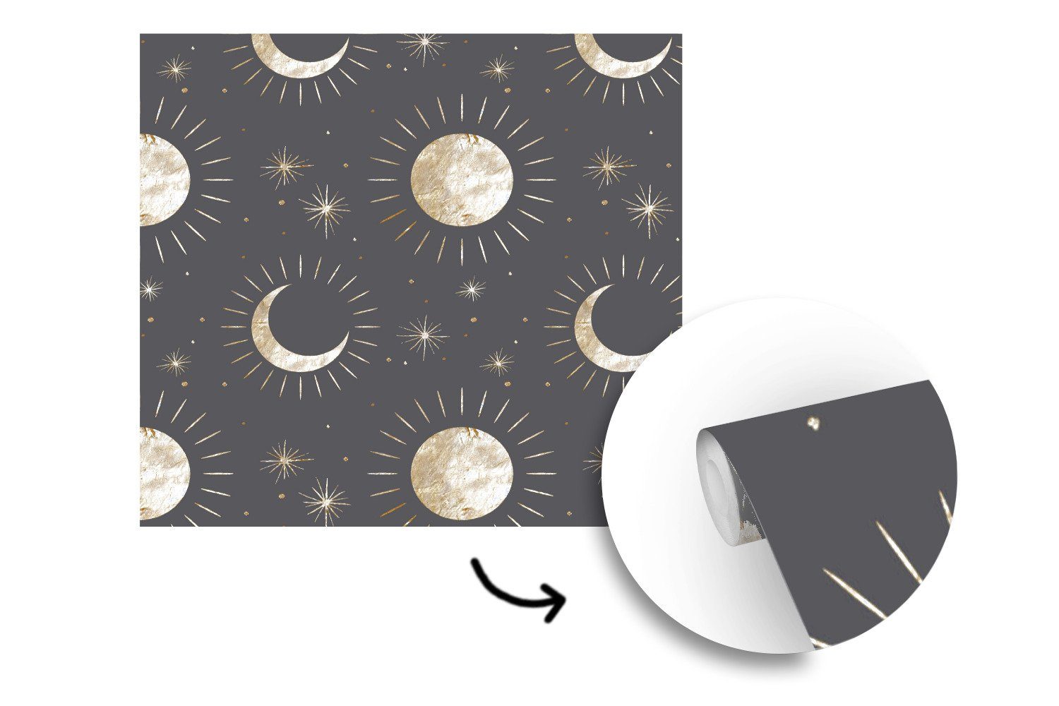 MuchoWow Fototapete Muster Sonne Mond für Schlafzimmer, - oder St), Gold, Wandtapete Vinyl Matt, (5 - Wohnzimmer Tapete bedruckt, 
