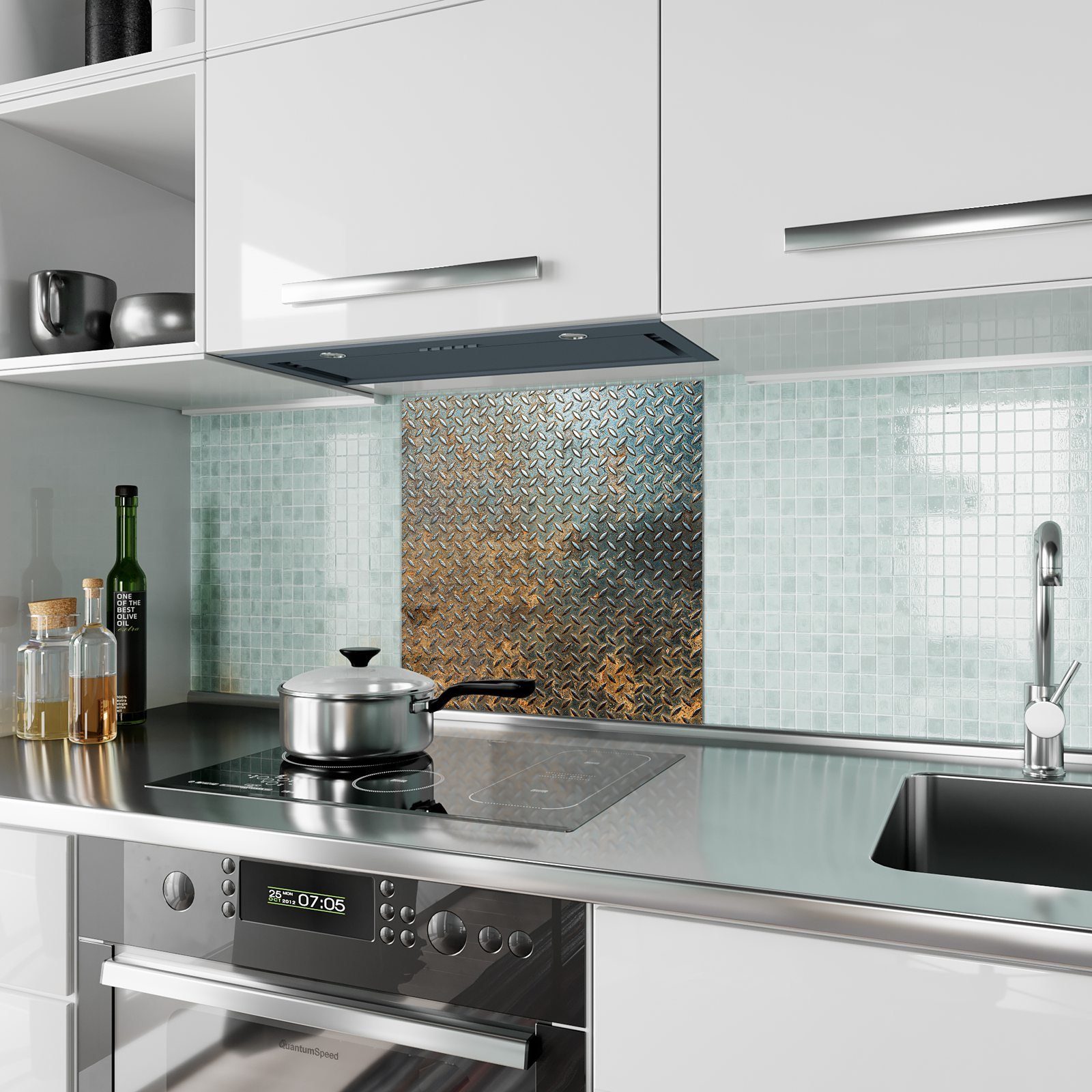 Primedeco Küchenrückwand Spritzschutz Küchenrückwand Tectur mit Glas Motiv metallisch