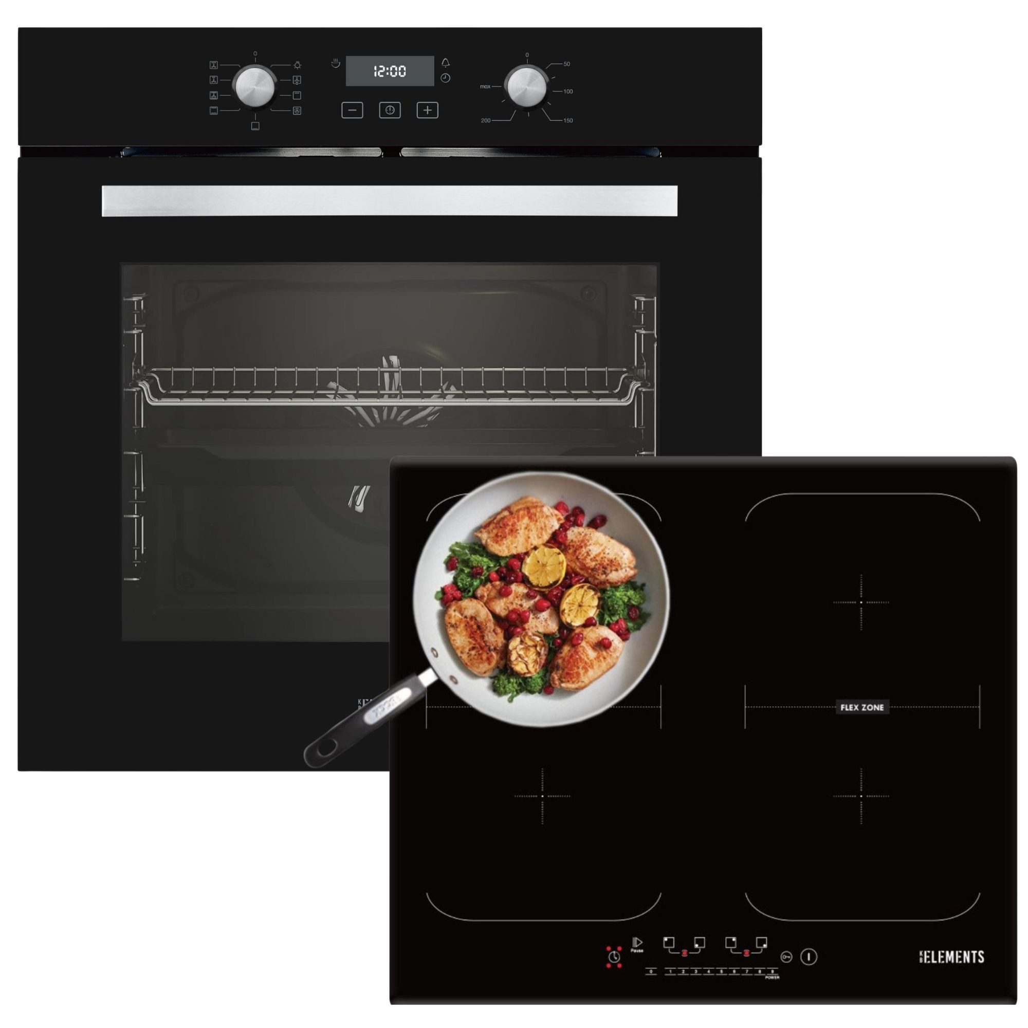 KB Elements Induktions Herd-Set KBE Einbaubackofen 60 cm mit 4-Zonen Induktionskochfeld 60cm, Aqua Clean, Circle Fan Heater, 2 x Flexzonen