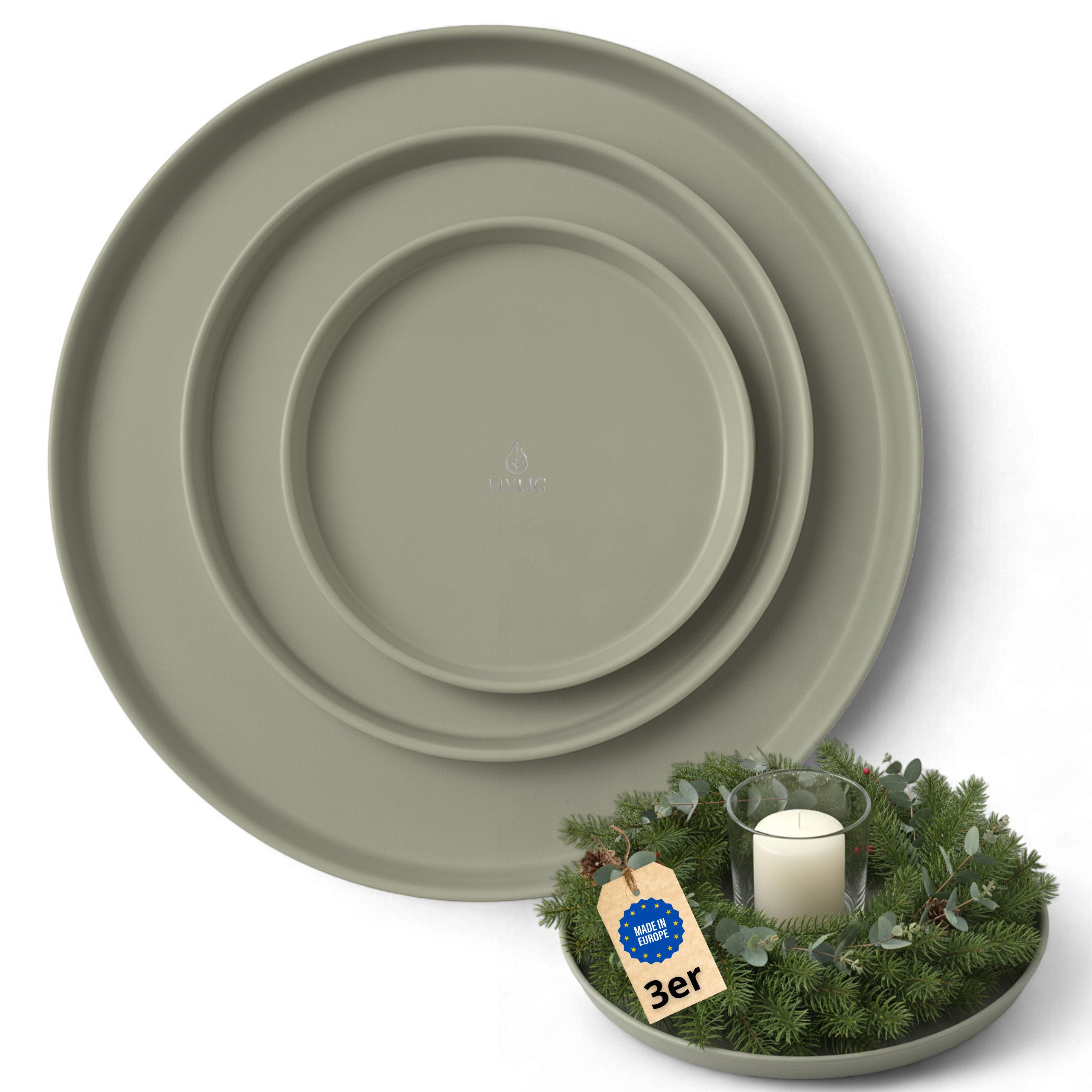 LIVLIG Dekotablett Deko Tablett, Serviertablett rund für Weihnachtsdeko & Adventskranz (Set, 3er Set), robust, pulverbeschichtet, modern, Ø 25 cm, 30 cm und 40 cm