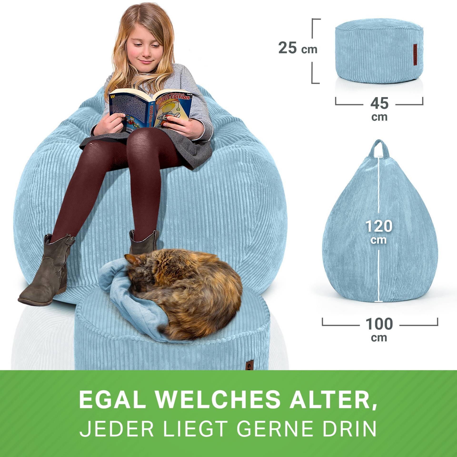 Green Bean Sitzsack XXL Sitzsack Scoop + Hocker aus Cord, Indoor Sitzkissen mit Sitzhocker, Relax Sessel