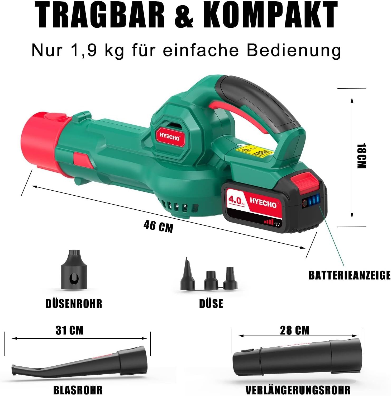 HYCHIKA BETTER TOOLS FOR BETTER LIFE Akku-Laubbläser Laubbläser, 223 km/h, Akku 18 V 4,0 Ah, zum Entfernen von Laub