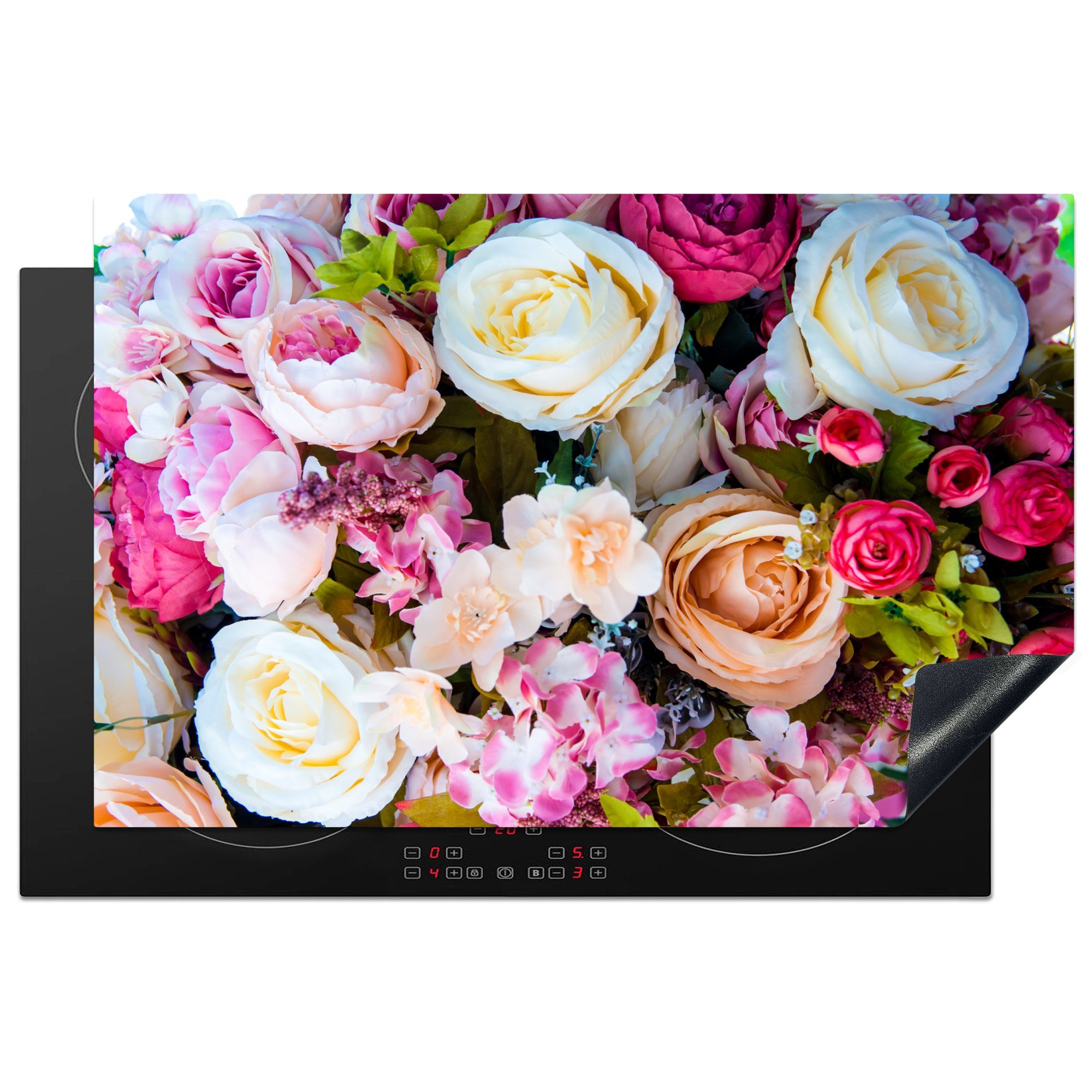 MuchoWow Herdblende-/Abdeckplatte Rosen - Weiß - Rosa, Vinyl, (1 tlg), 81x52 cm, Induktionskochfeld Schutz für die küche, Ceranfeldabdeckung | Herdabdeckplatten