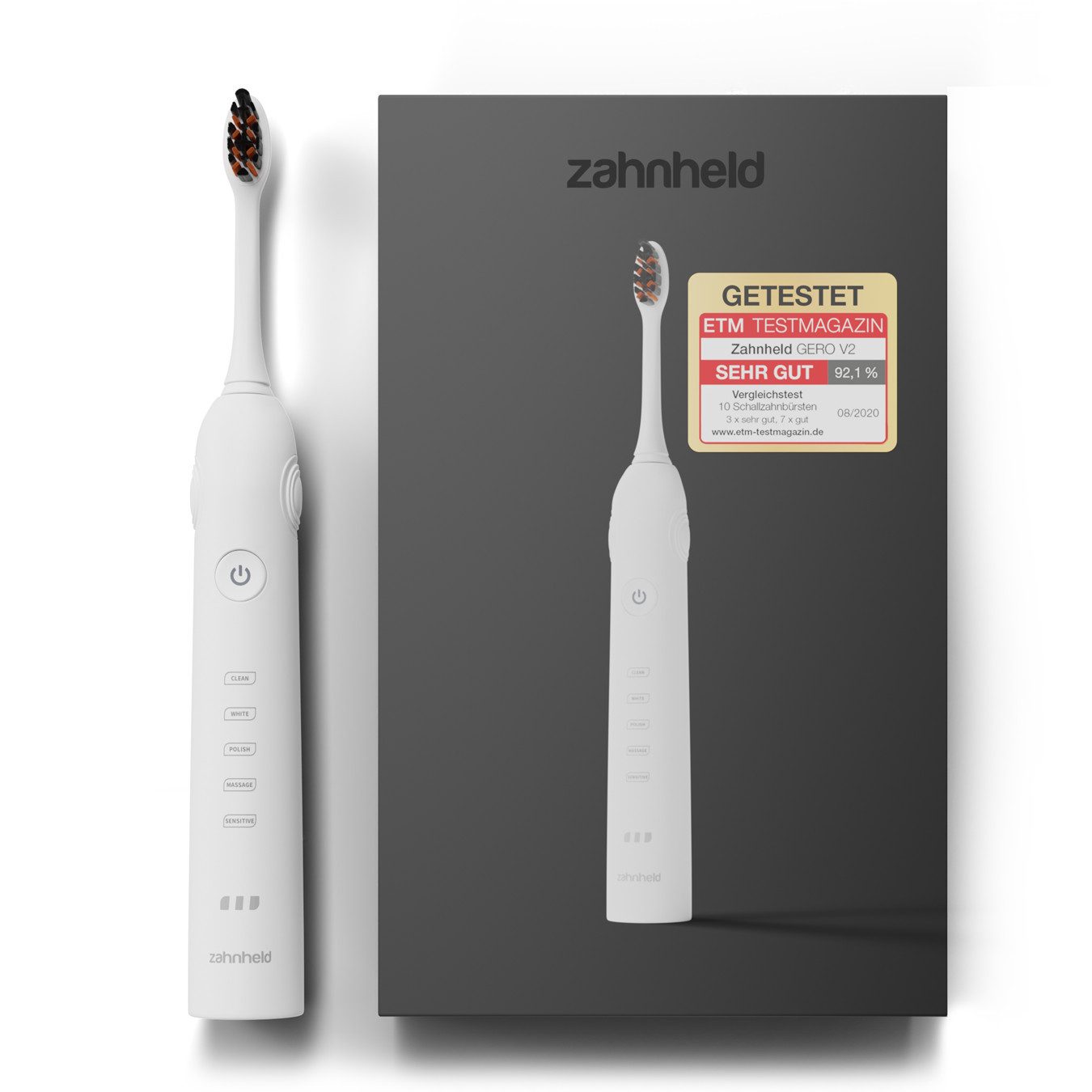 Zahnheld Elektrische Zahnbürste Schallzahnbürste Gero mit Etui weiß, 5 Putzmodi, Zahnpflege, Mundpflege, Reisezahnbürste, Zahnbürste mit Schall, USB Ladestation