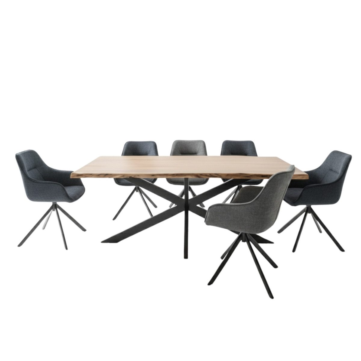 MR.DEKO Esszimmer-Set Essgruppe San Carlo Grau & Tisch Catania 200x100 cm Cross, (5-St., 5-teiliges Esszimmer-Set mit Polstersesseln & Holztisch), Drehbare Komfortsessel in Grau & Esstisch mit Baumkante aus Akazie