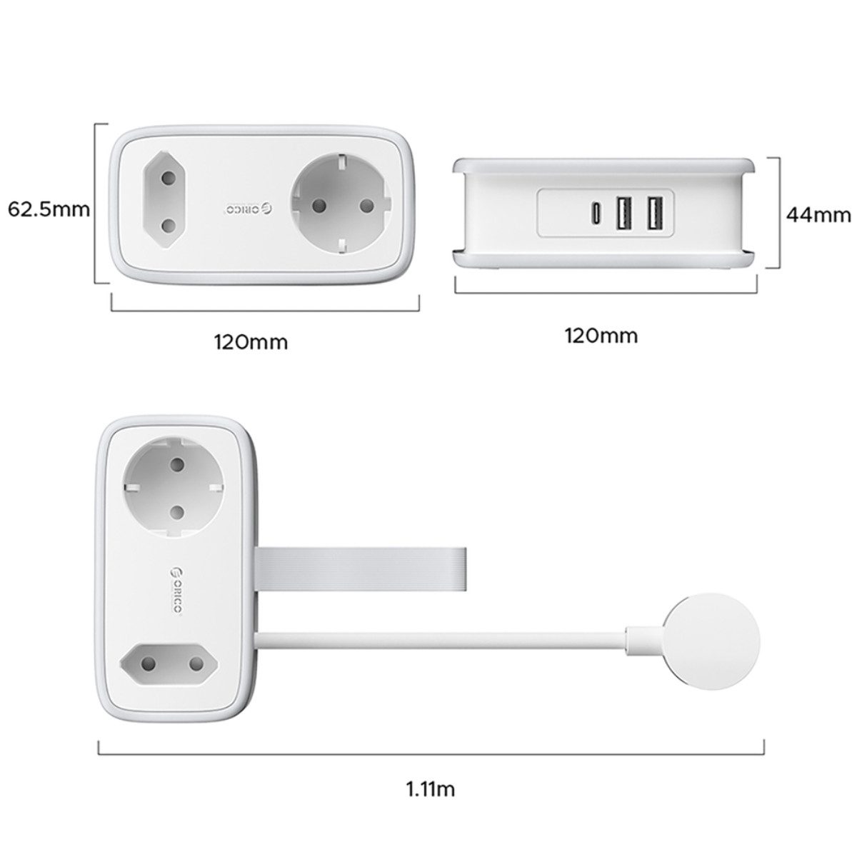 ORICO APP Steckdosenleiste 5-fach (2 USB-A-Anschlüsse, 1 USB-C-Anschluss, 2 Schuko-Steckdosen, Integrierte Kabelaufwicklung), Flacher Stecker