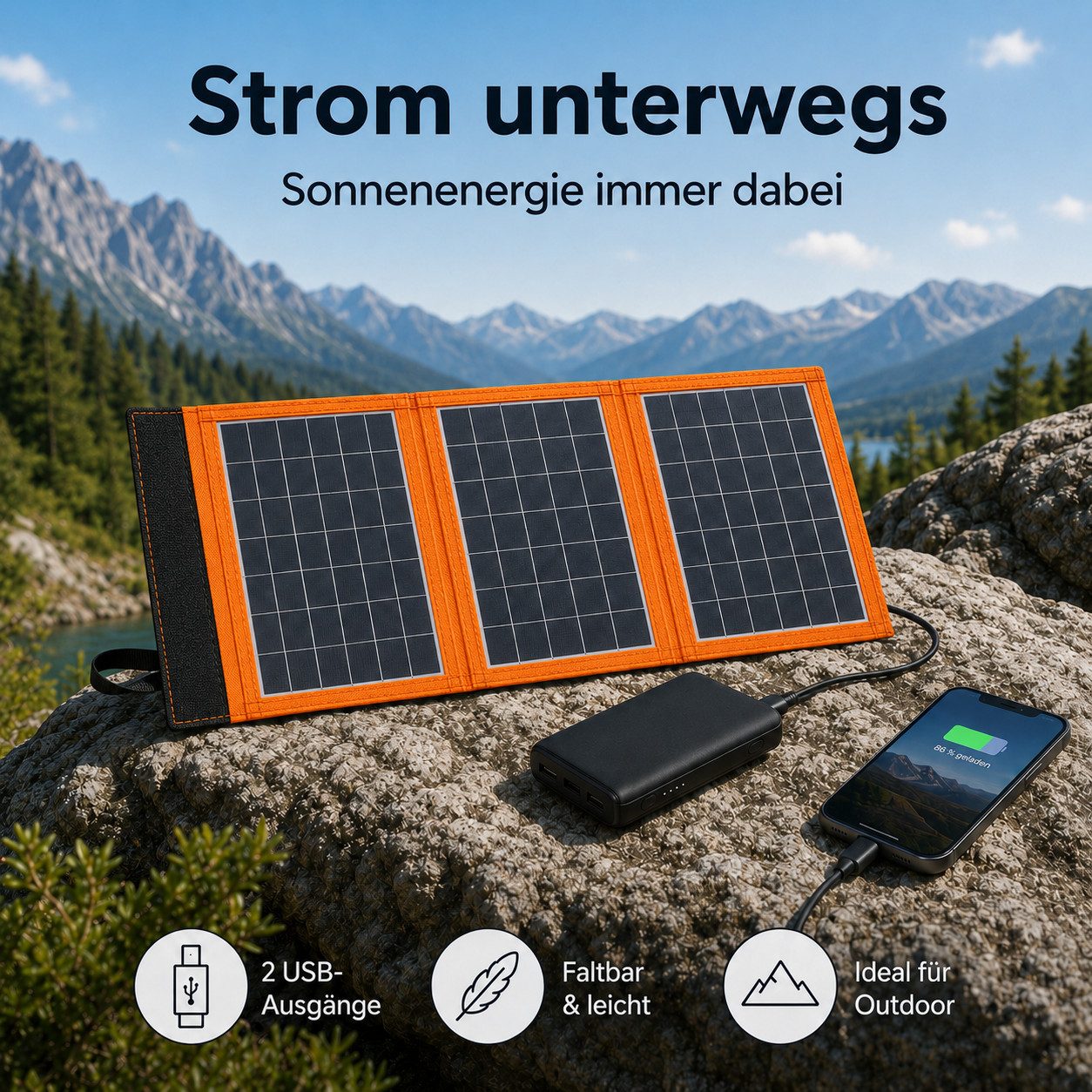 Goldstern-Tech Solarmodul SolarMate, Monokristallin, (Faltbares, kompaktes Solarpanel 30W 40W, 3-St., hocheffizient mit 2 USB-Anschlüssen (bei der Leistungsvariante 40 W), ultraleicht & robust für Outdoor, Camping & Notfall-Stromversorgung