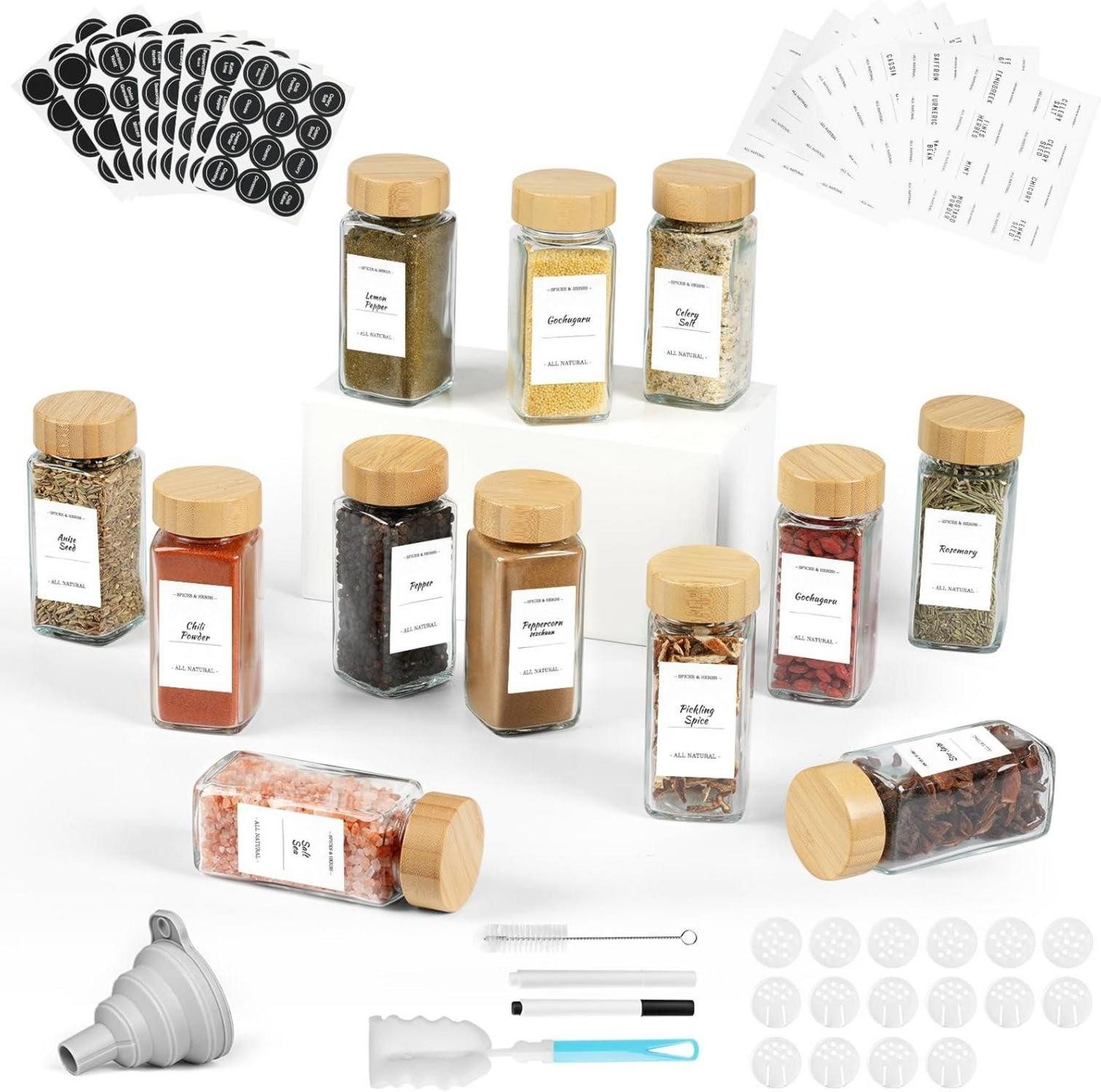 LuxusKollektion Einweggläser Gewürzgläser Eckig Holzdeckel 12er Set 120ml Aufbewahrung Küche Pinsel