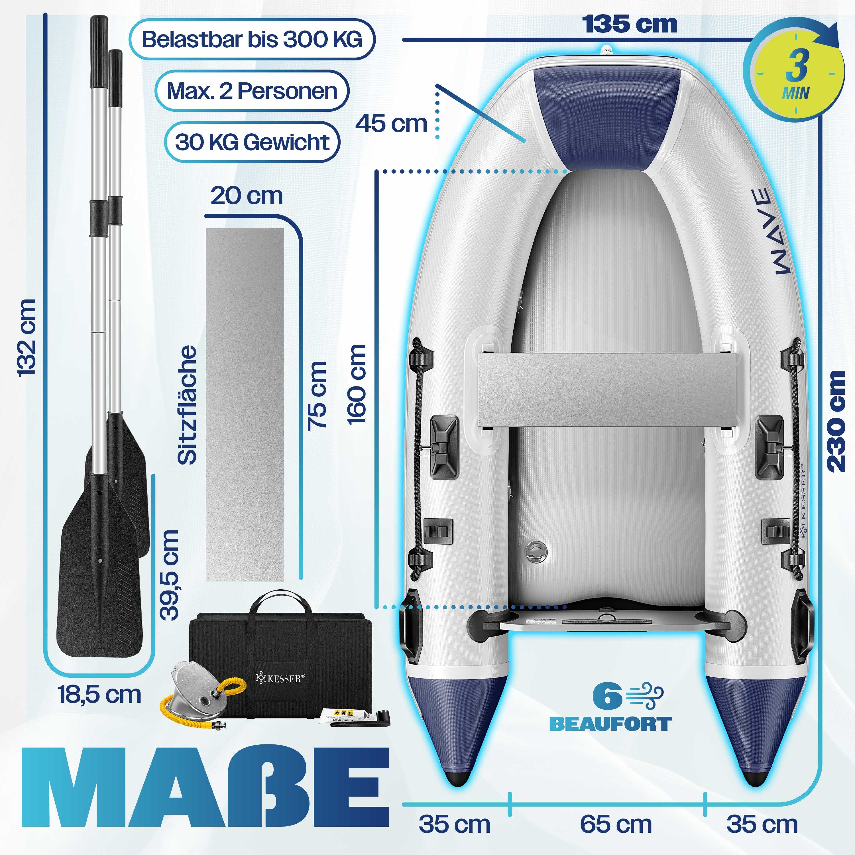 KESSER Schlauchboot aufblasbares Paddelboot für 2 Personen, motorisierbar, 2,30m, WAVE Motor geeignet