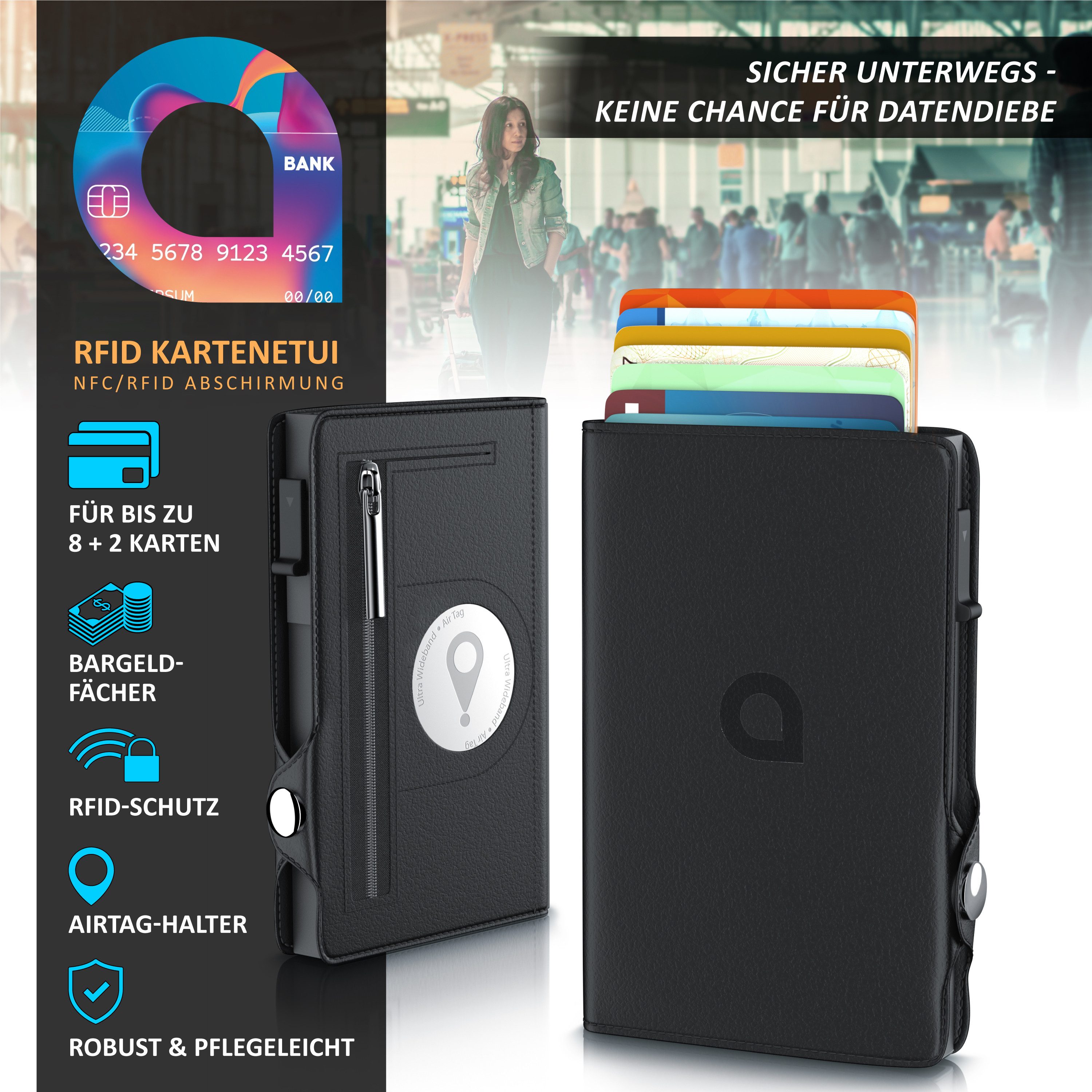 Aplic Kartenetui Leder & Alu Karten Schutzhülle mit Schiebemechanismus, Geld & Münzfach (1-tlg), RFID-Schutz, AirTag-Fach, Portemonnaie, Platz für 8 Karten, Alugehäuse