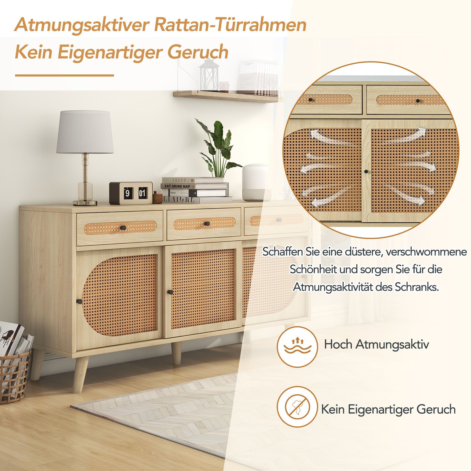 Merax Rattangeflecht, Kommode B:140cm Sideboard Anrichte, Landhausstil und TV-Board, mit 6 mit Schublade Fächer,