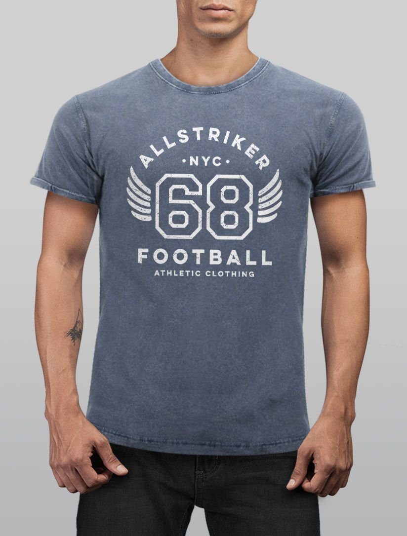 Football Used Neverless Shirt Print-Shirt Slim Printshirt Herren College mit Look Vintage Vintage blau Neverless® T-Shirt Athletic Clothing Print NYC 68 Fit