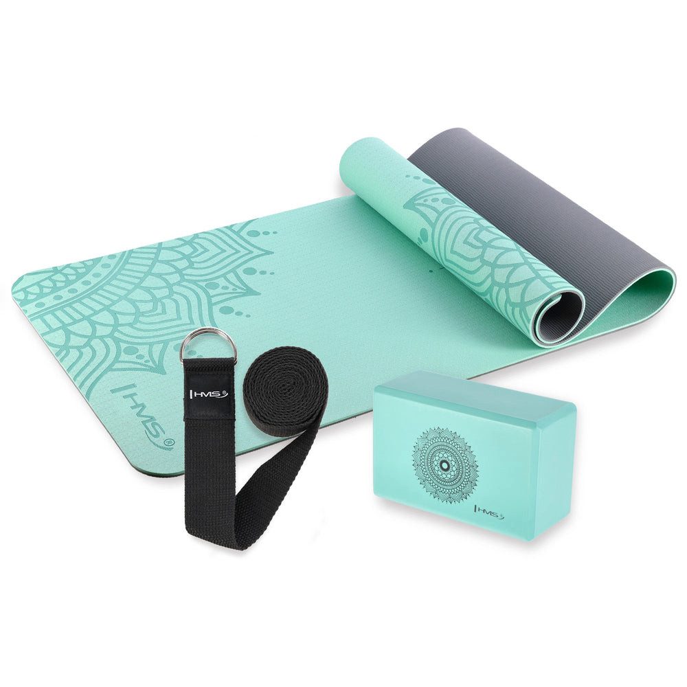HMS Yogamatte Yogaset Gymnastikmatte Pilatesmatte (Spar-Set, 1-St., 182 x 61 cm rutschfest), rutschfest, TPE, Block & Gurt im Set, tragbar