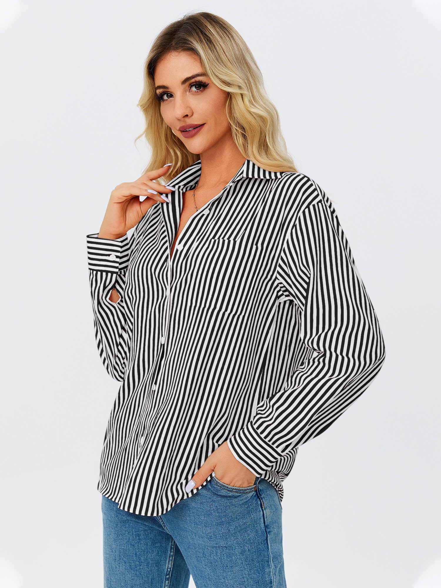 Imily Bela T-Shirt Damen Langarmshirt Gestreifter (Packung, 1-tlg., 1per-Pack) lässig geschnitten