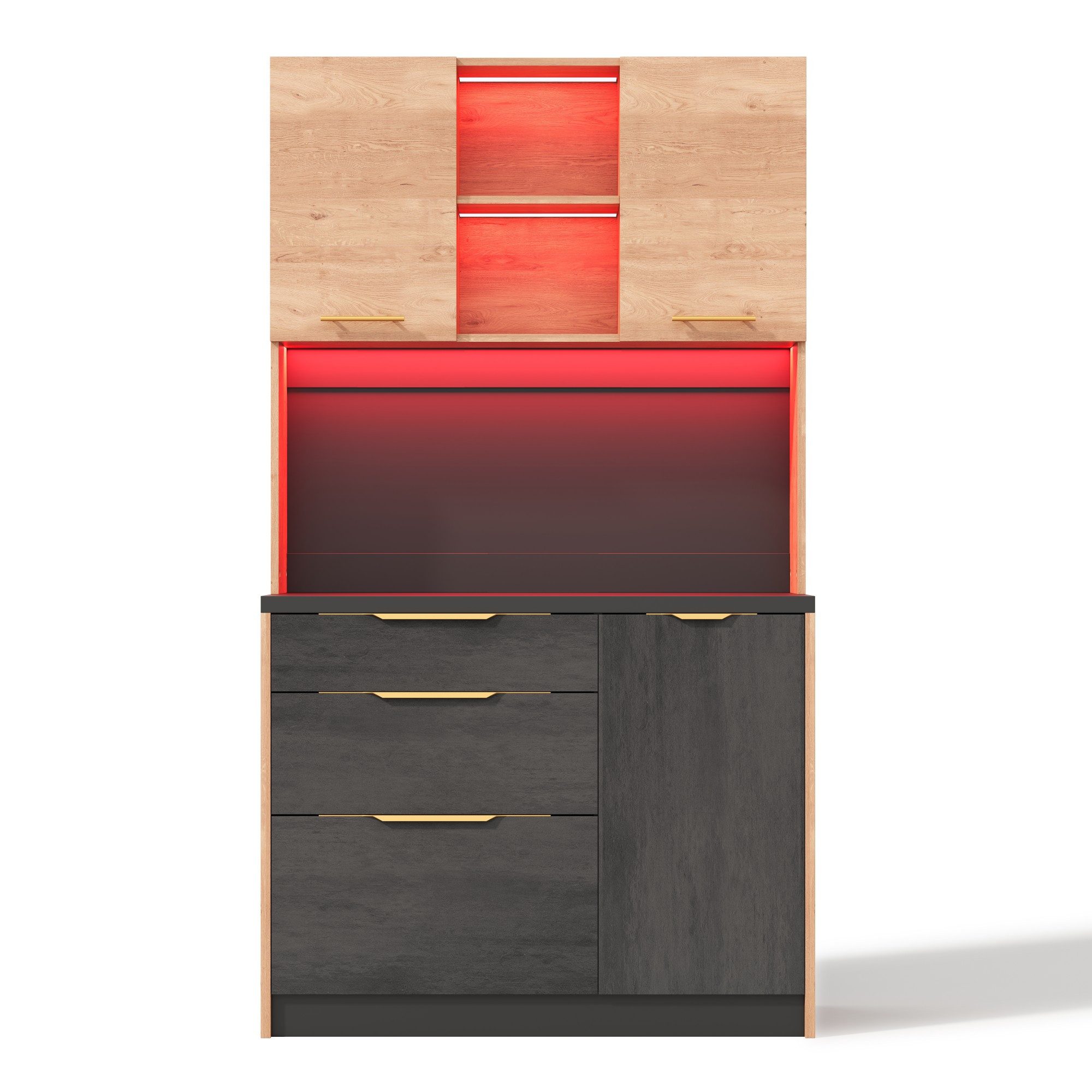 Flieks Küchenbuffet mit Steckdosen und LED-Beleuchtung, Holzoptik&Zementstrukturoptik (1-St., 100×40×180 cm) Küchenschrank Hochschrank mit schwarzer Arbeitsplat – Bild 5 von 5