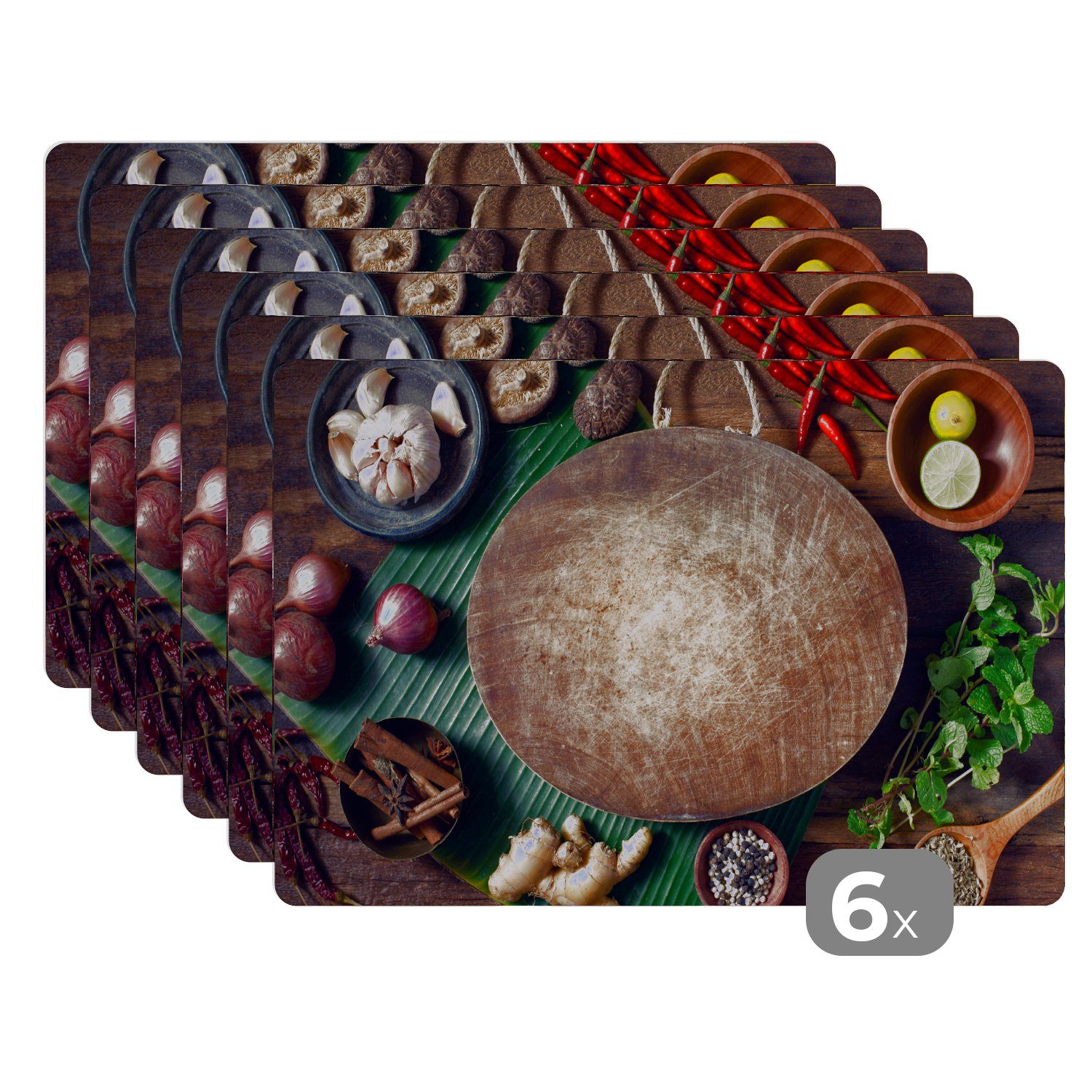 Platzset, Ein Bild eines Schneidebretts mit rohem Gemüse drum herum, MuchoWow, (6-St), Platzset, Platzdecken, Platzmatte, Tischmatten, Schmutzabweisend