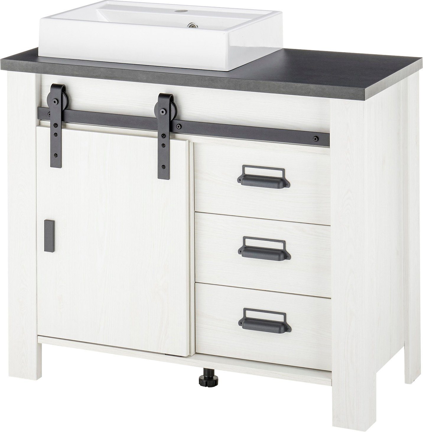 Home affaire Waschtisch SHERWOOD, Waschbeckenunterschrank inkl. Waschbecken (1-St), in 2 Farben verfügbar, Scheunentorbeschlag & Apothekergriff aus Metall