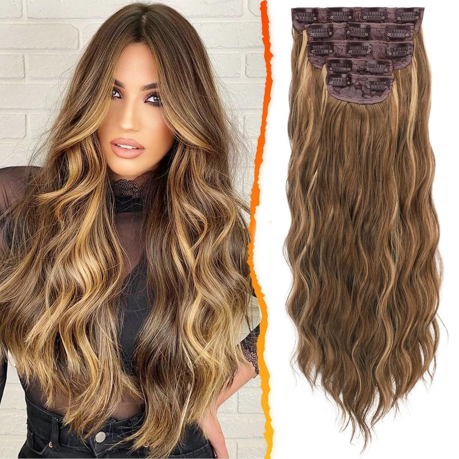 Kunsthaar-Extension 5 Clip Haar Extensions 50cm Wellige Highlights Braun Karamell Blond