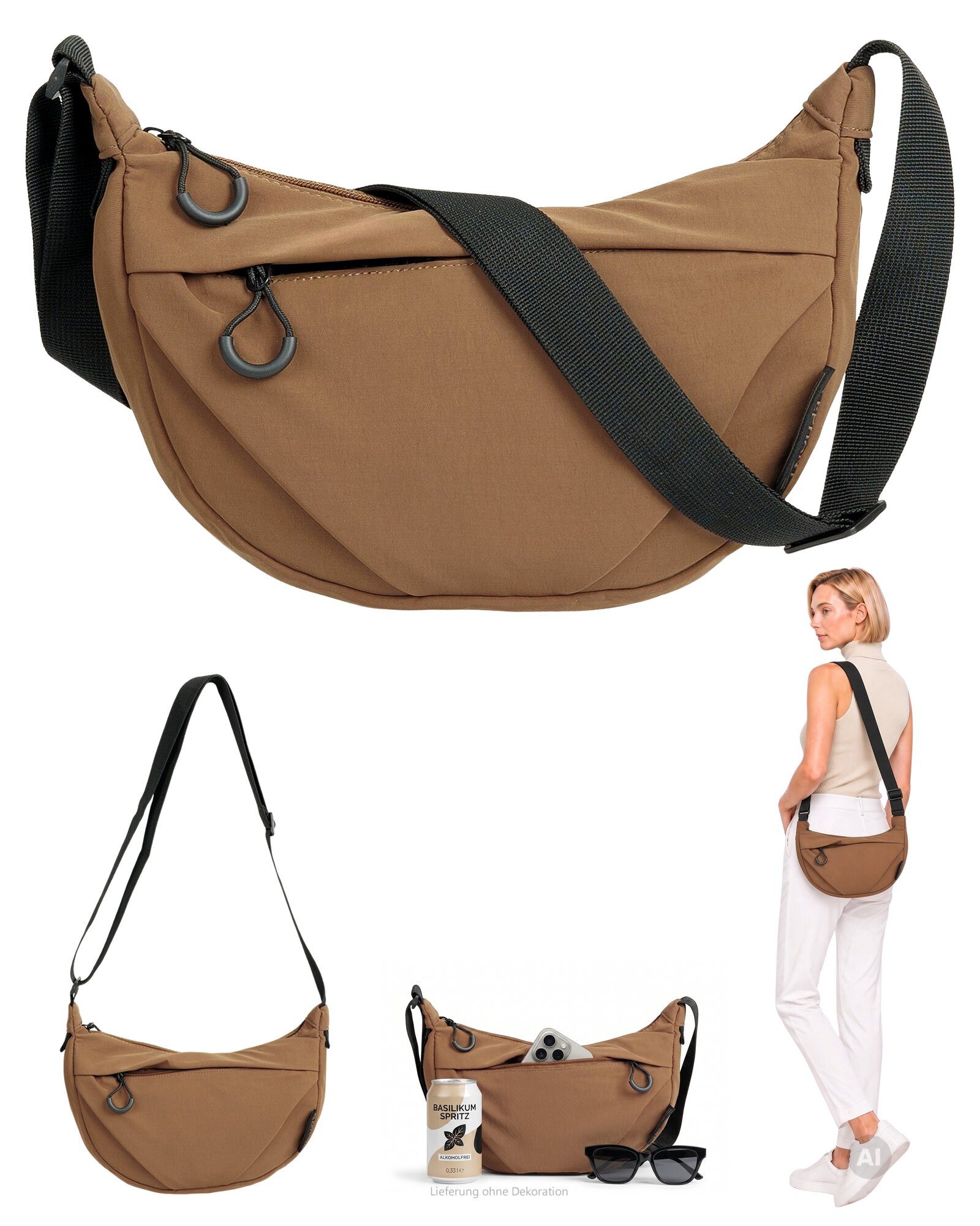 ELEPHANT Handtasche Crossbag Moon Bag Schultertasche Slingbag klein, Damentasche Damen Freizeittasche Umhängetasche Halbmond 3732 + Etui
