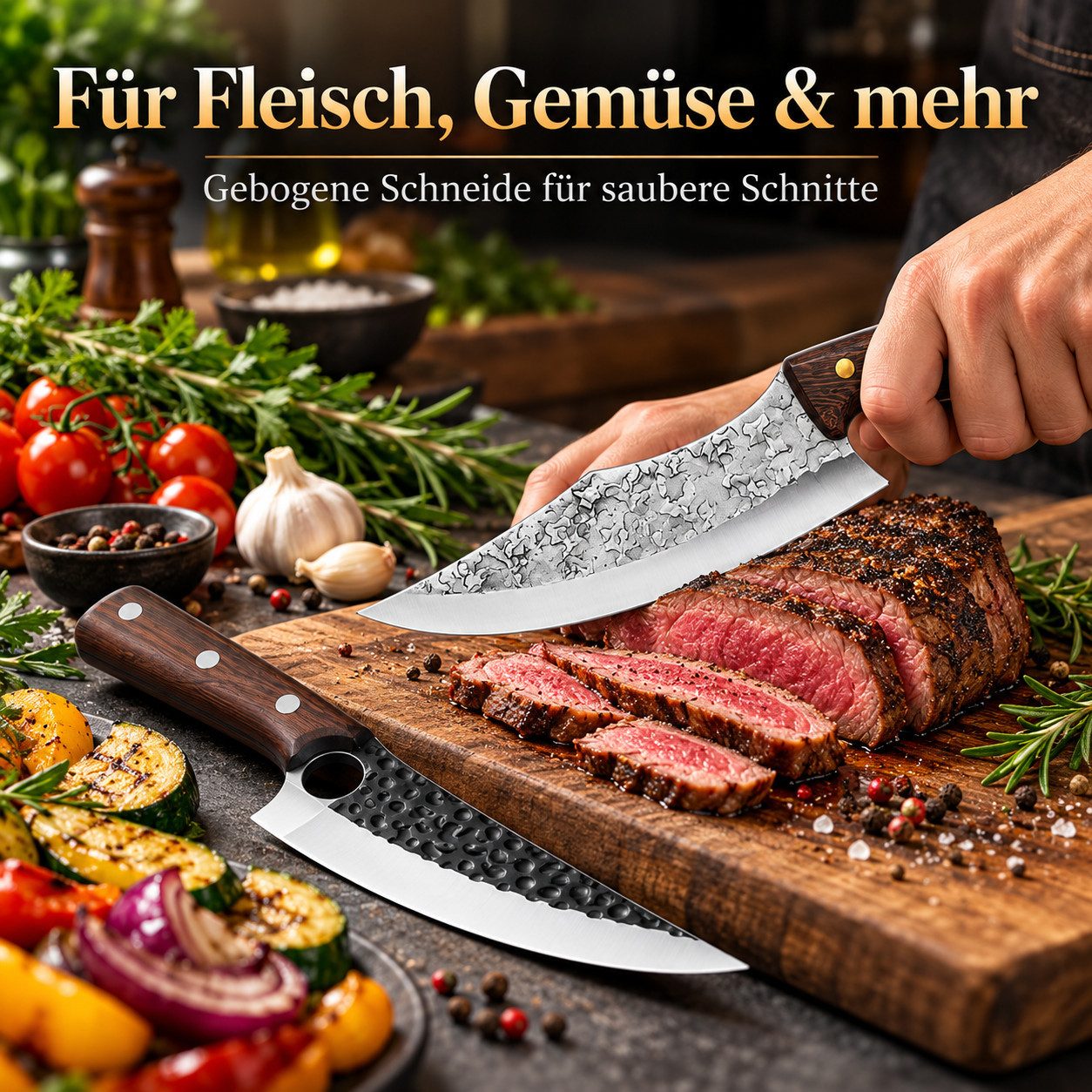Diyarts Messer-Set 2er Butchermesser Set (hochwertiges Material mit Schutztasche, 2-tlg., Metzgermesser & Allzweckmesser), Edelstahlklingen, Holzgriff, gebogene – Bild 4 von 5