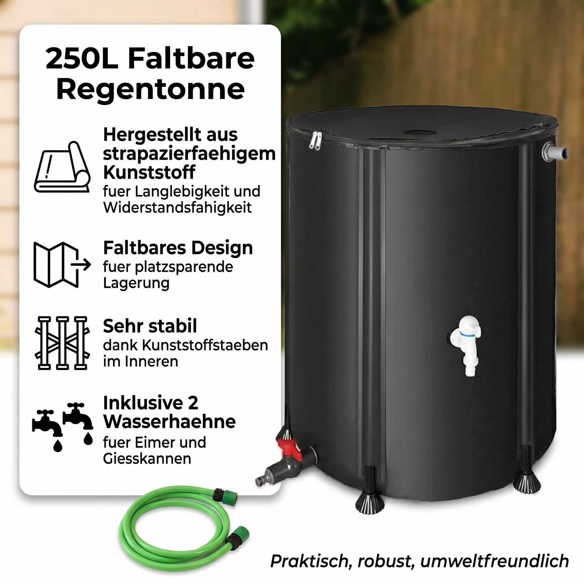Mucola Regentonne Regenwassertonne faltbar Regenfass Wassertank Regenwassertank mit Hahn, 250 l, (Stück, Stück), inkl. 2 Meter Wasserschlauch mit Anschluss