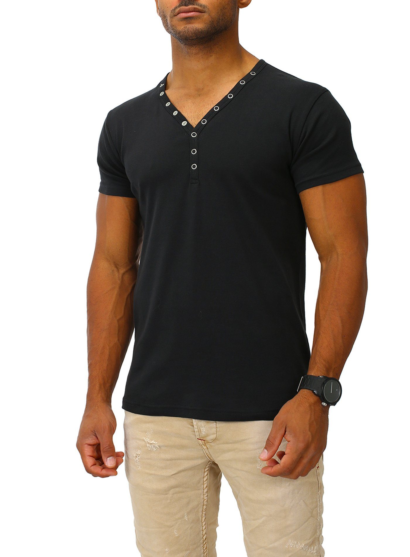 Joe Franks T-Shirt SMALL BUTTON in stylischem Slim Fit, Kurzarm Druckknopf black
