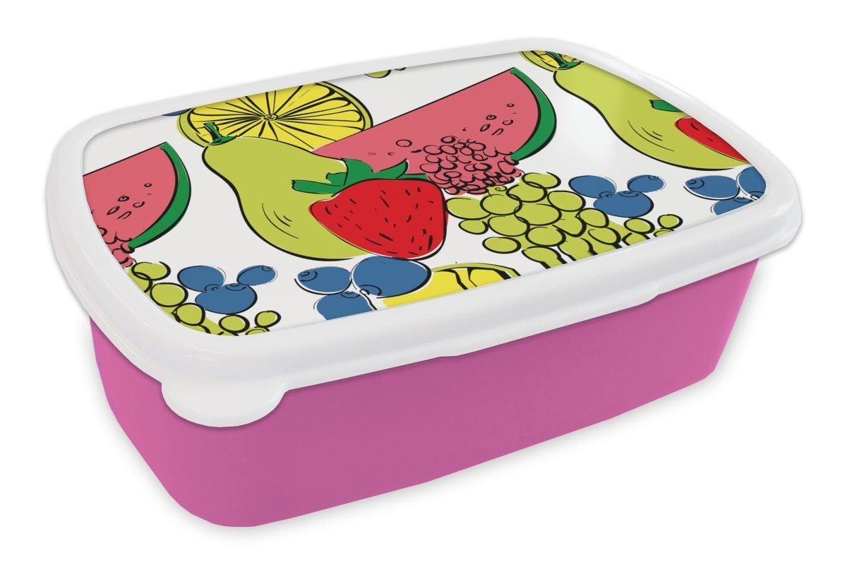 MuchoWow Lunchbox Obst - Cartoon - Muster, Kunststoff, (2-tlg), Brotbox für Erwachsene, Brotdose Kinder, Snackbox, Mädchen, Kunststoff rosa