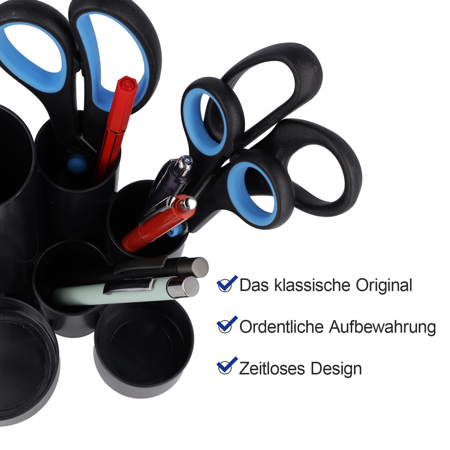 WESTCOTT Organizer Stiftehalter Schwarz recycelt, Stifteköcher mit 6 runden Fächern, Schreibtisch Organizer, Blauer Engel zertifiziert