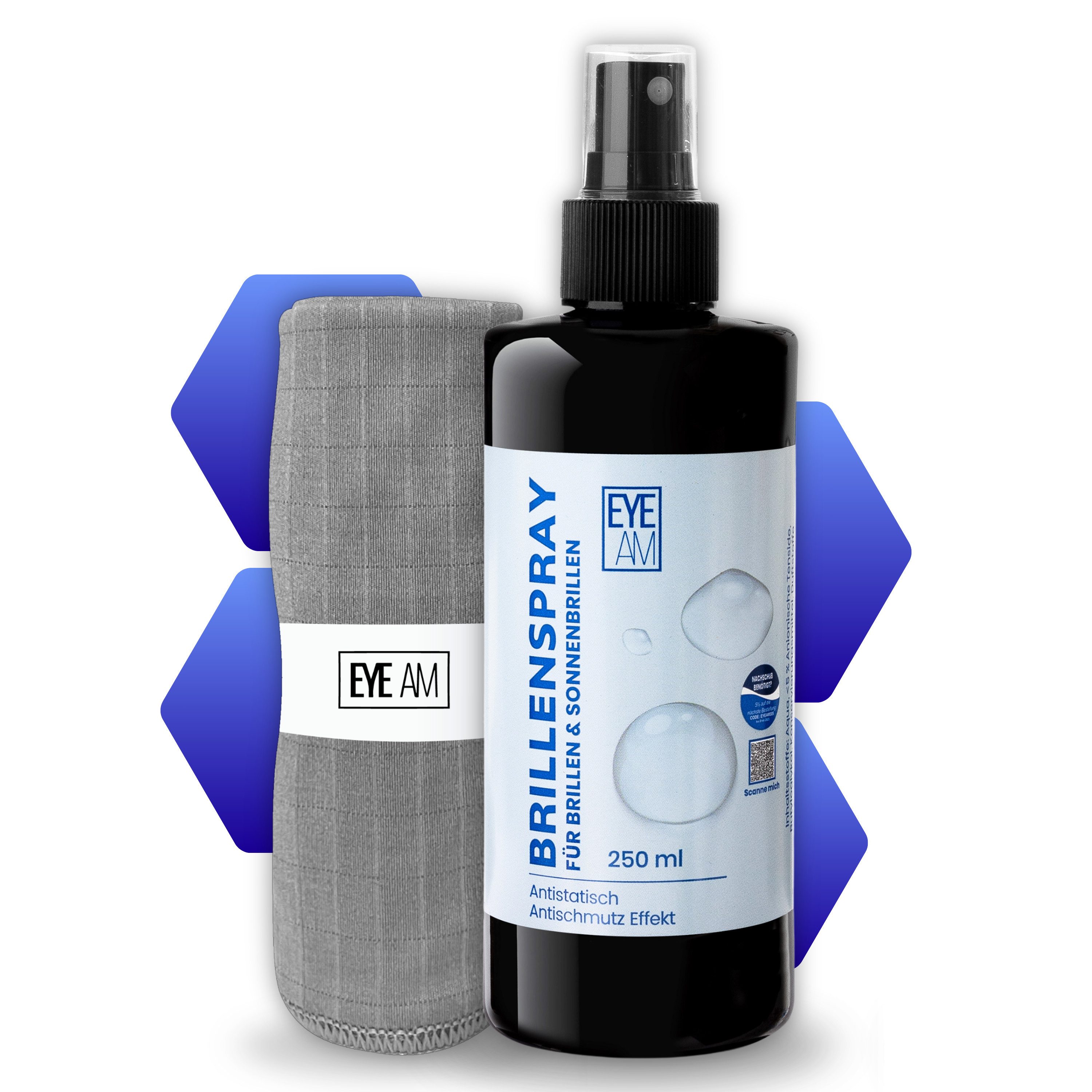 EyeAm Brillenreiniger Set, 250ml Reinigungsspray & Mikrofasertuch, Glasreiniger