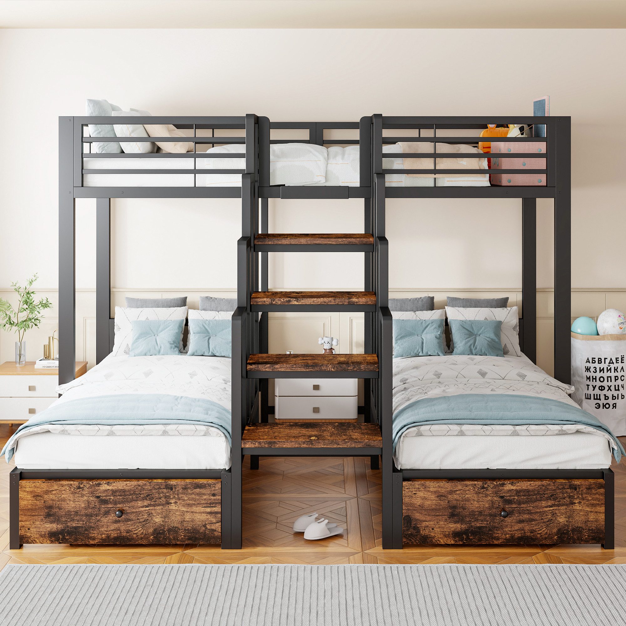 i@home Etagenbett Kinderhochbett Metall mit Stauraum, 90x200 cm (mit Rausfallschutz, zentraler Treppe, 3-St), Dreifach-Etagenbett 2 Schubladen für Jugendzimmer