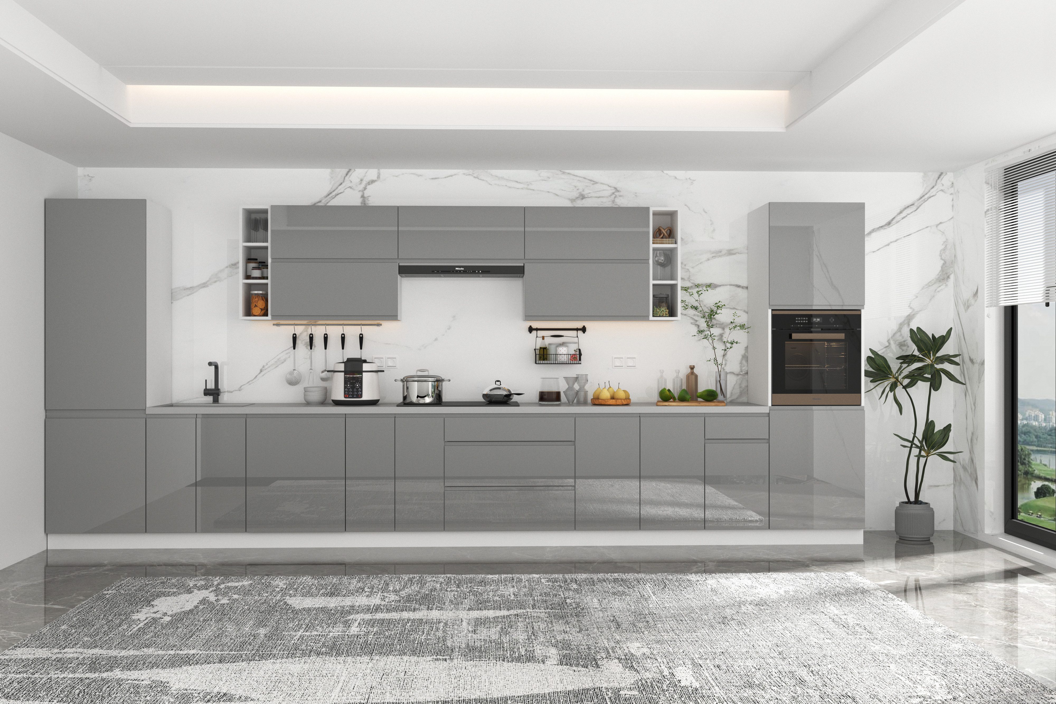 ROYAL24_MARKT Küchenzeile - KA2-M500 - Aspen Grau / Weiß Hochglanz, (Komplett Set), Hochwertig - Modern - Exklusiv