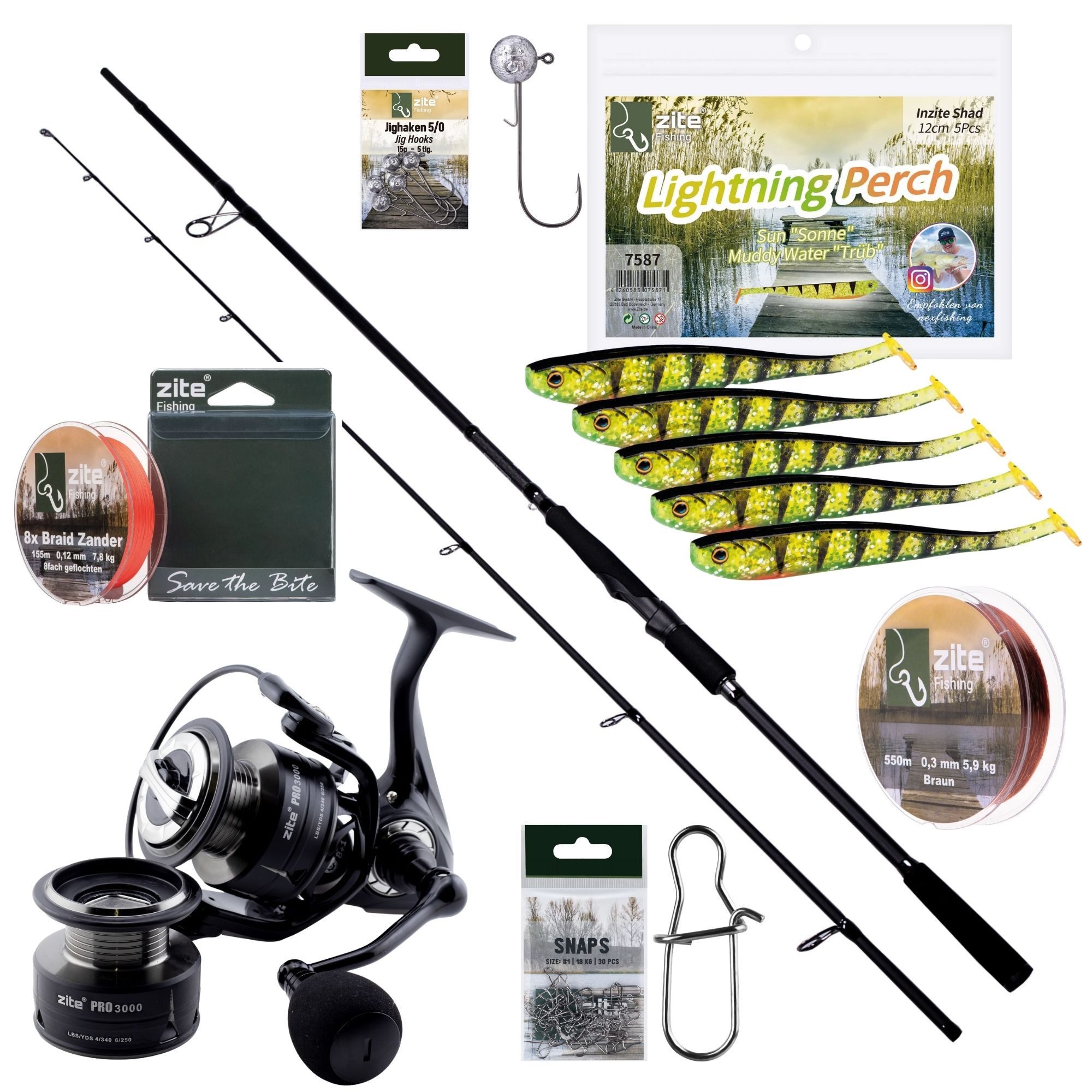 Zite Spinnrute Inzite Pro Stick Zander-Set - Angelrute + Angelrolle mit Zubehör