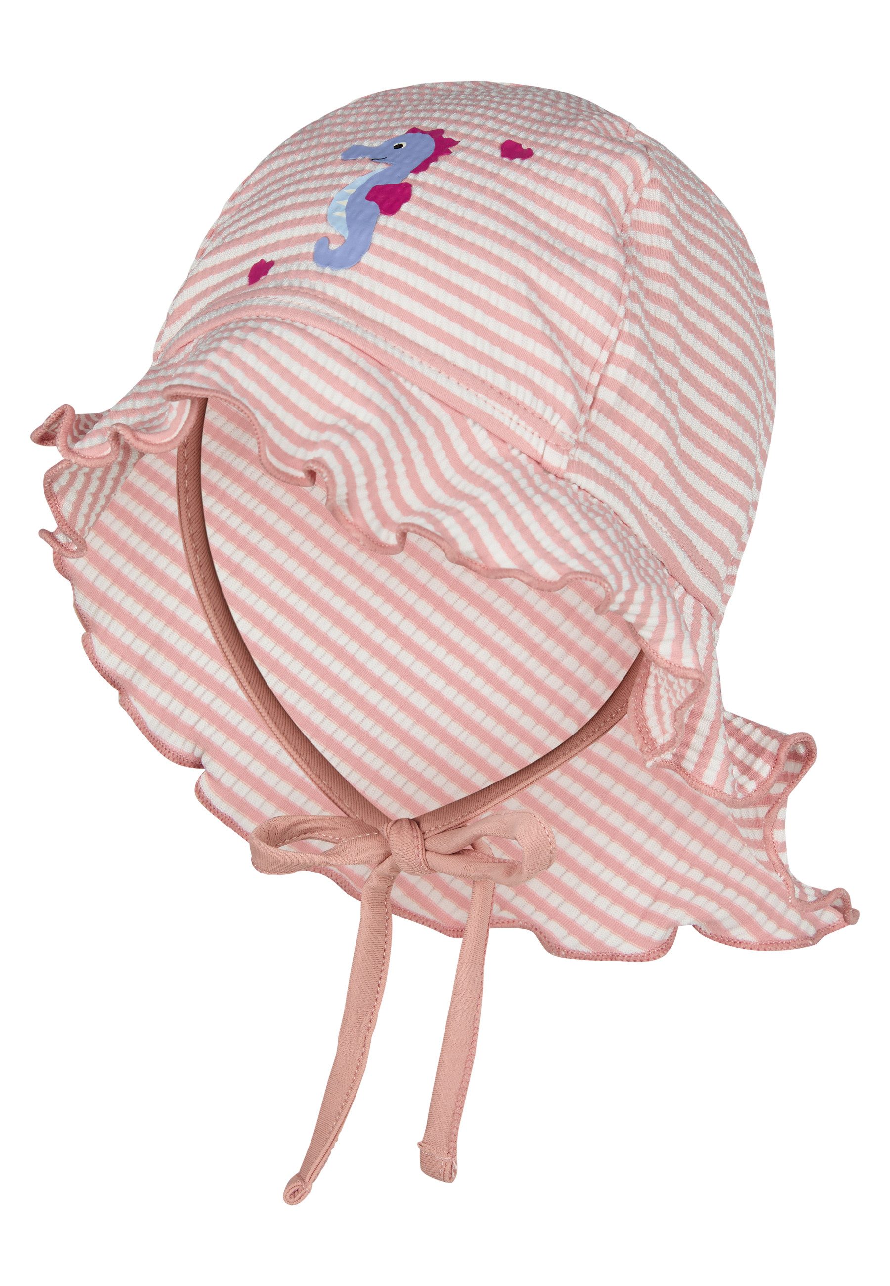 Sterntaler® Schirmmütze 50+ Bademütze mit Nackenschutz Seepferd (1-St) Bademütze mit Nackenschutz, Seersucker-Optik, Seepferdchen & Bindeband