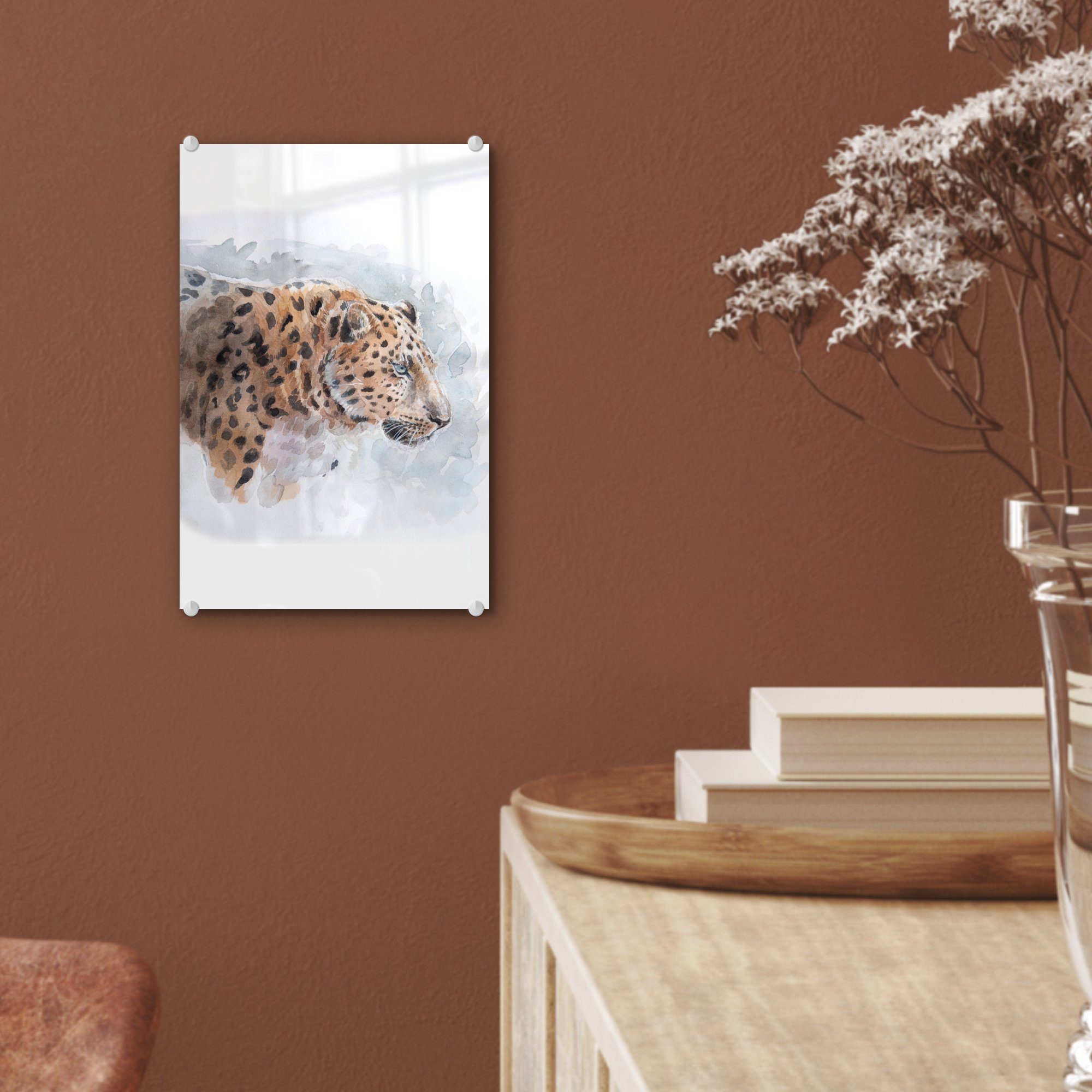 - Leopard Bilder Foto Wandbild - - St), Wanddekoration Glas auf MuchoWow Glasbilder - Aquarell auf - Tiere, Acrylglasbild Glas (1