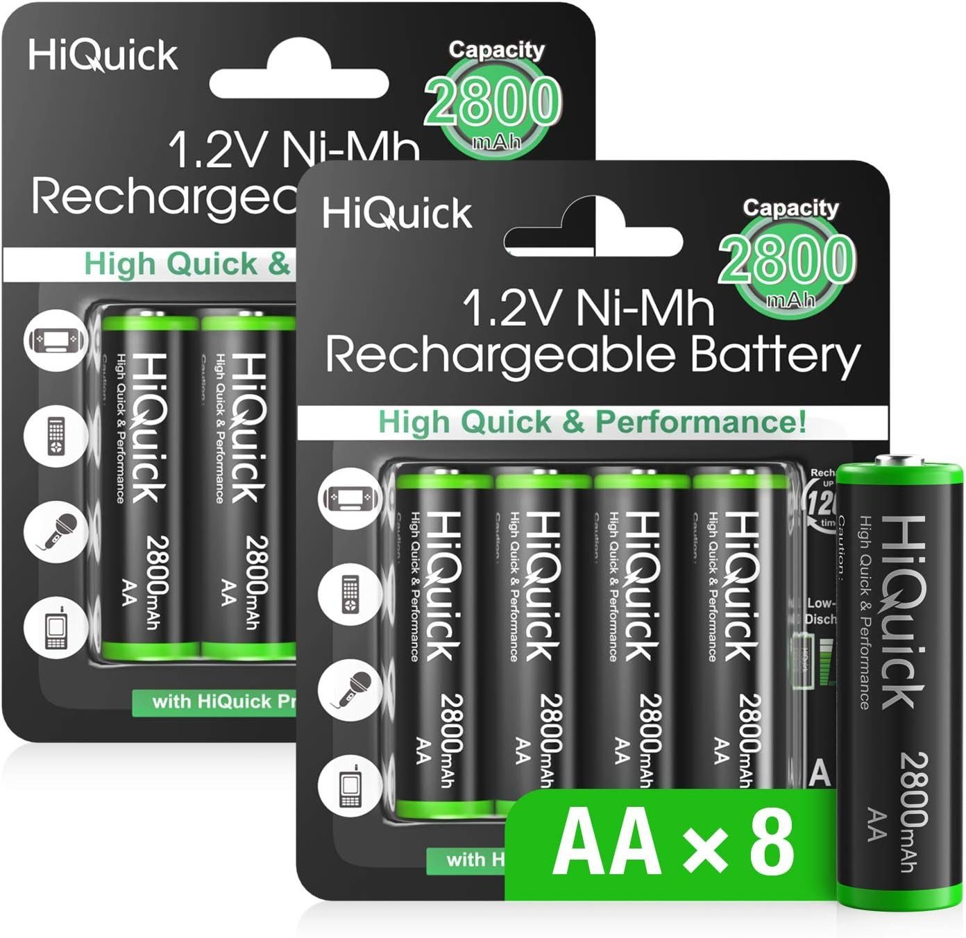 HiQuick 8 Stück Mignon AA NI-MH 2800mAh, wiederaufladbare AA Batterien Akku