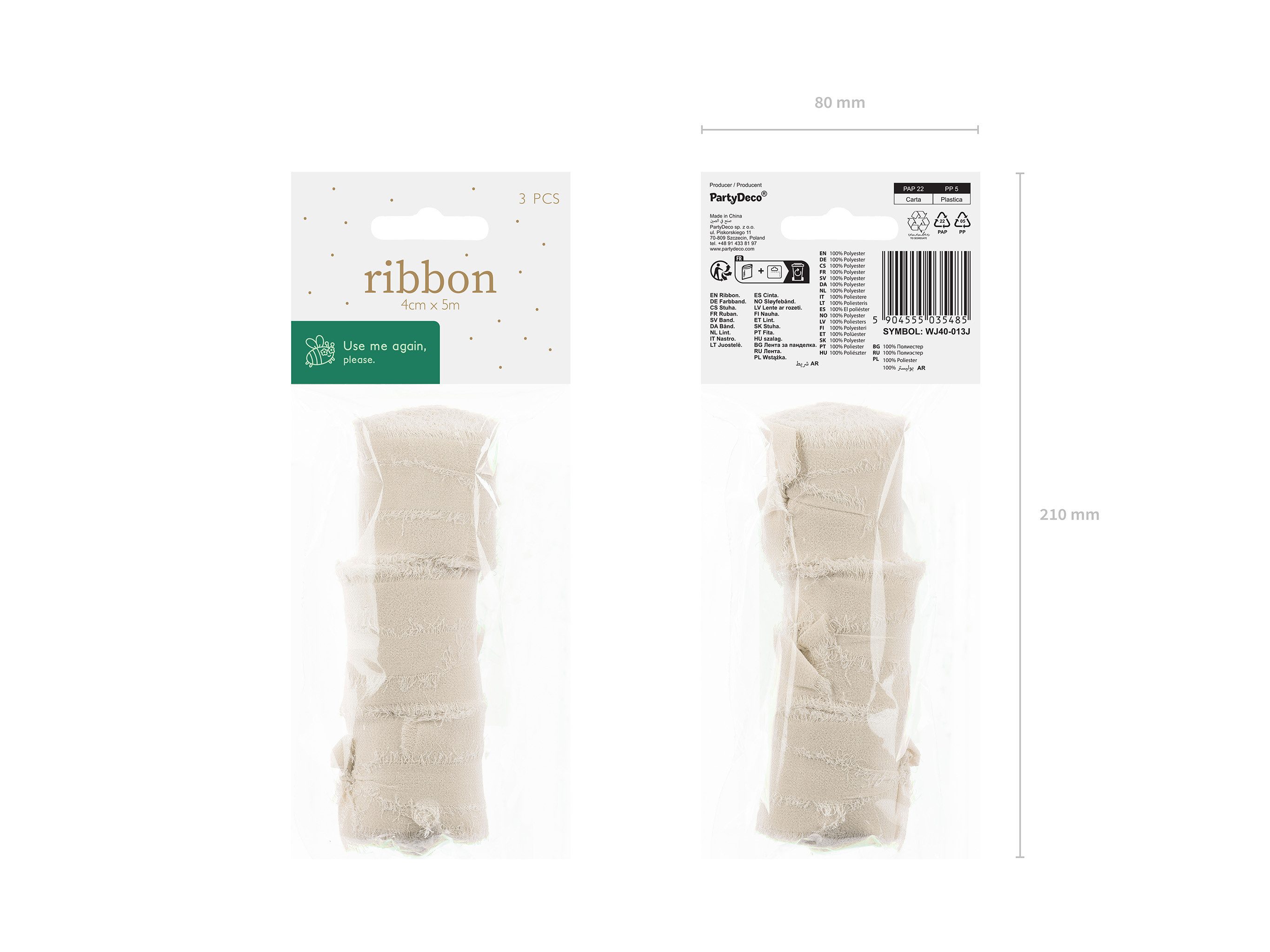 partydeco Bastelband, Chiffonband 4cm x 5m Beige 3er Set