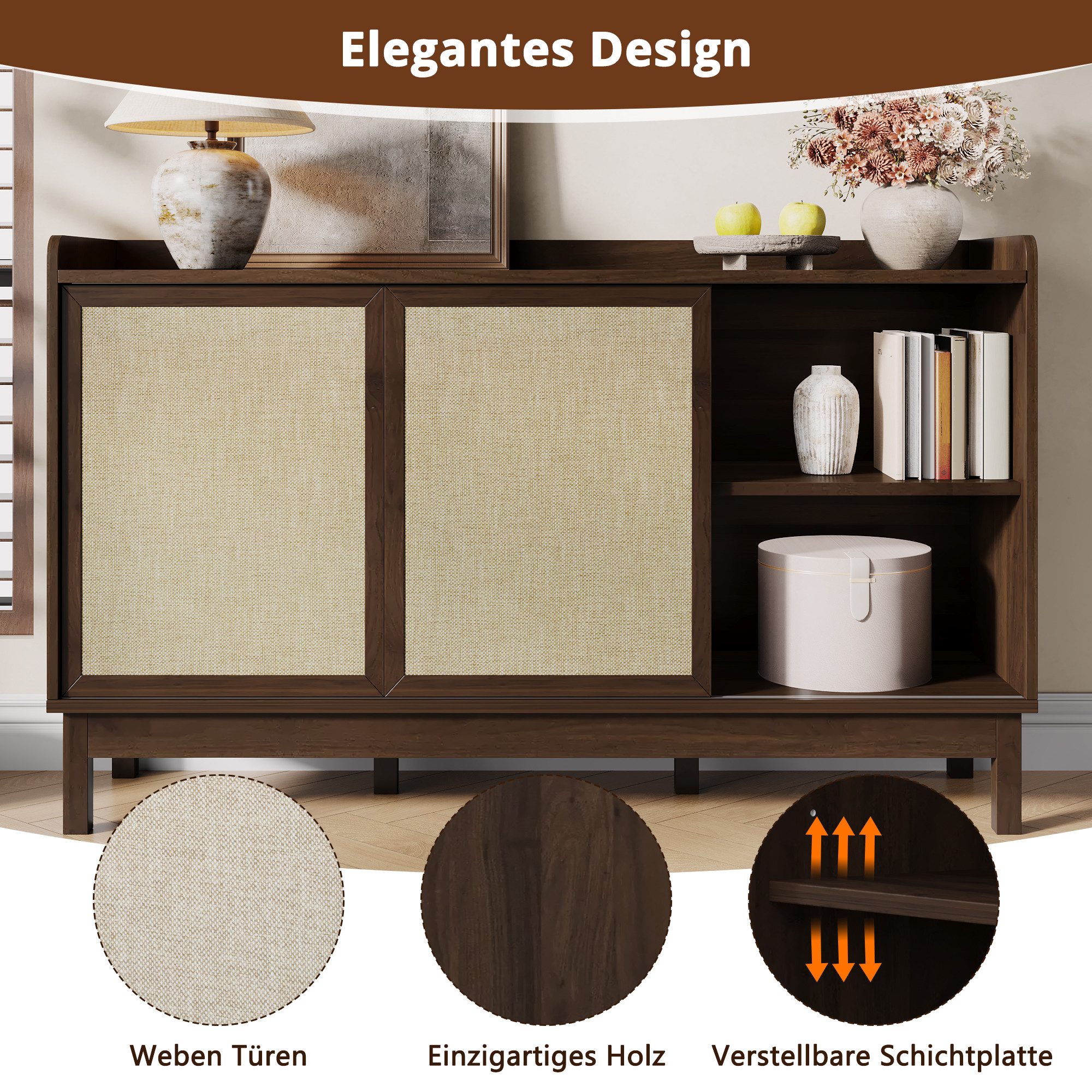 Merax Sideboard Retro Anrichte Wohnzimmerschrank Buffetschrank (1 St., Aufbewahrungsmöbel für Wohn- und Esszimmer), Kommode mit Schiebetüren, 2 Schubladen & offenen Regalen,150x39,5x80cm
